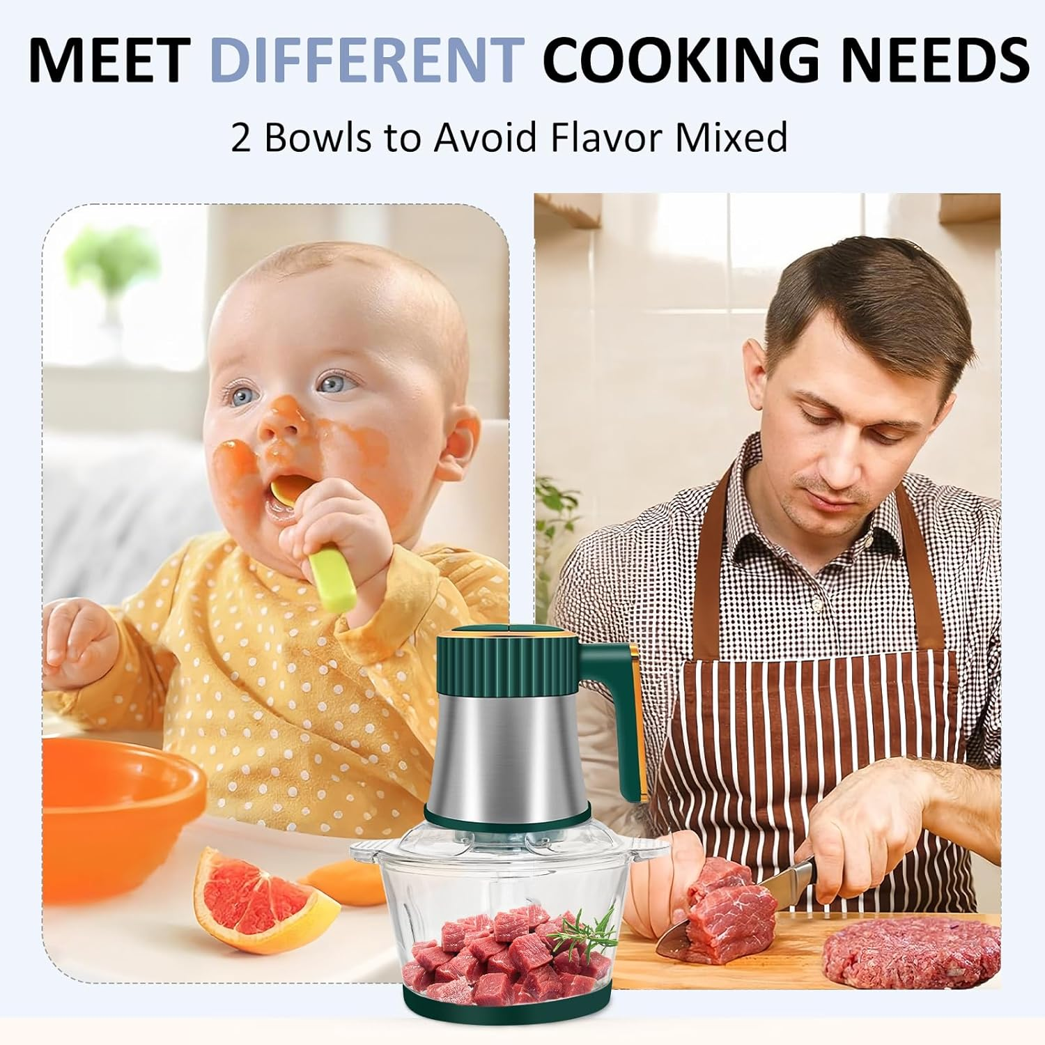 5-In-1 Electric Food Processor with 2 Bowls(2L+2L), Food Chopper with 2 Bi-Level Blades, Mini Vegetable Chopper Meat Grinder Kit for Kitchen & Restaurants Electric Chooper for Onion Salad Garlic Fruit