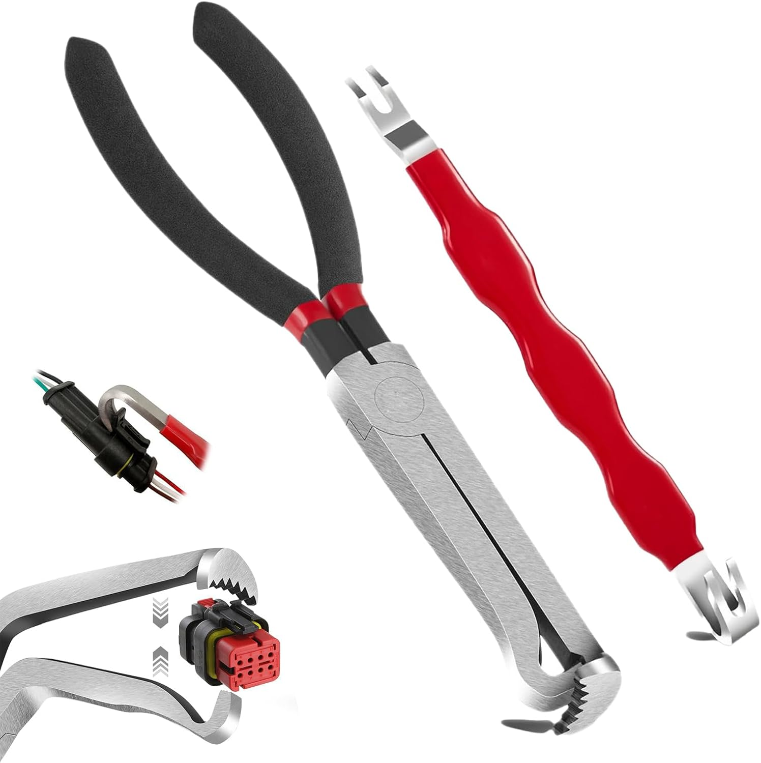 2-Piece Electrical Disconnect Pliers Set - Automotive Connector Removal Tool for Fuel Line, Hose & Push-Tab Plugs (Wire Cutting Pliers + Red Connector)