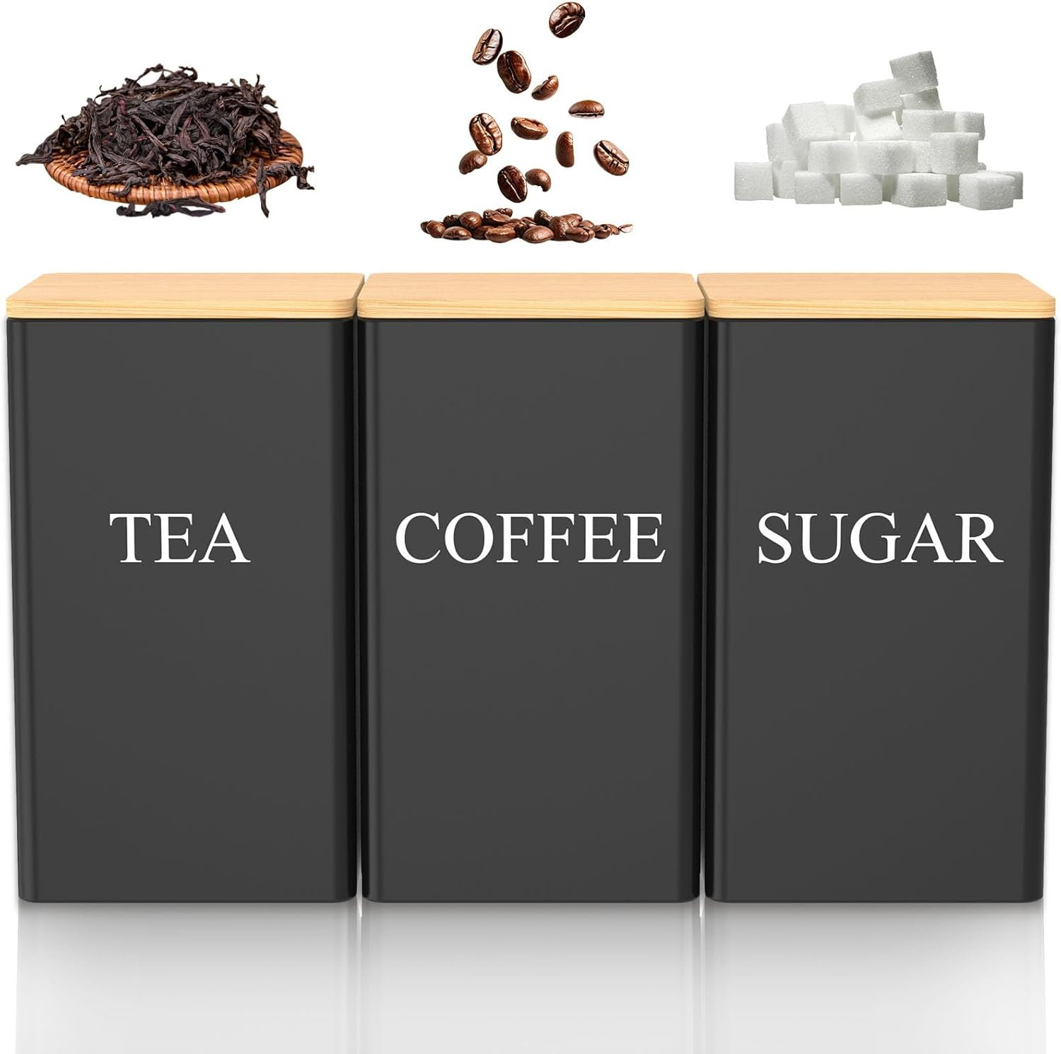 Tea Coffee Sugar Canister 1000 Ml Metal Coffee Tea Sugar Container with Airtight Bamboo Lid and Name Marker Food Storage Containers Jars for Coffee Sugar Tea Black Container Sets (Black)