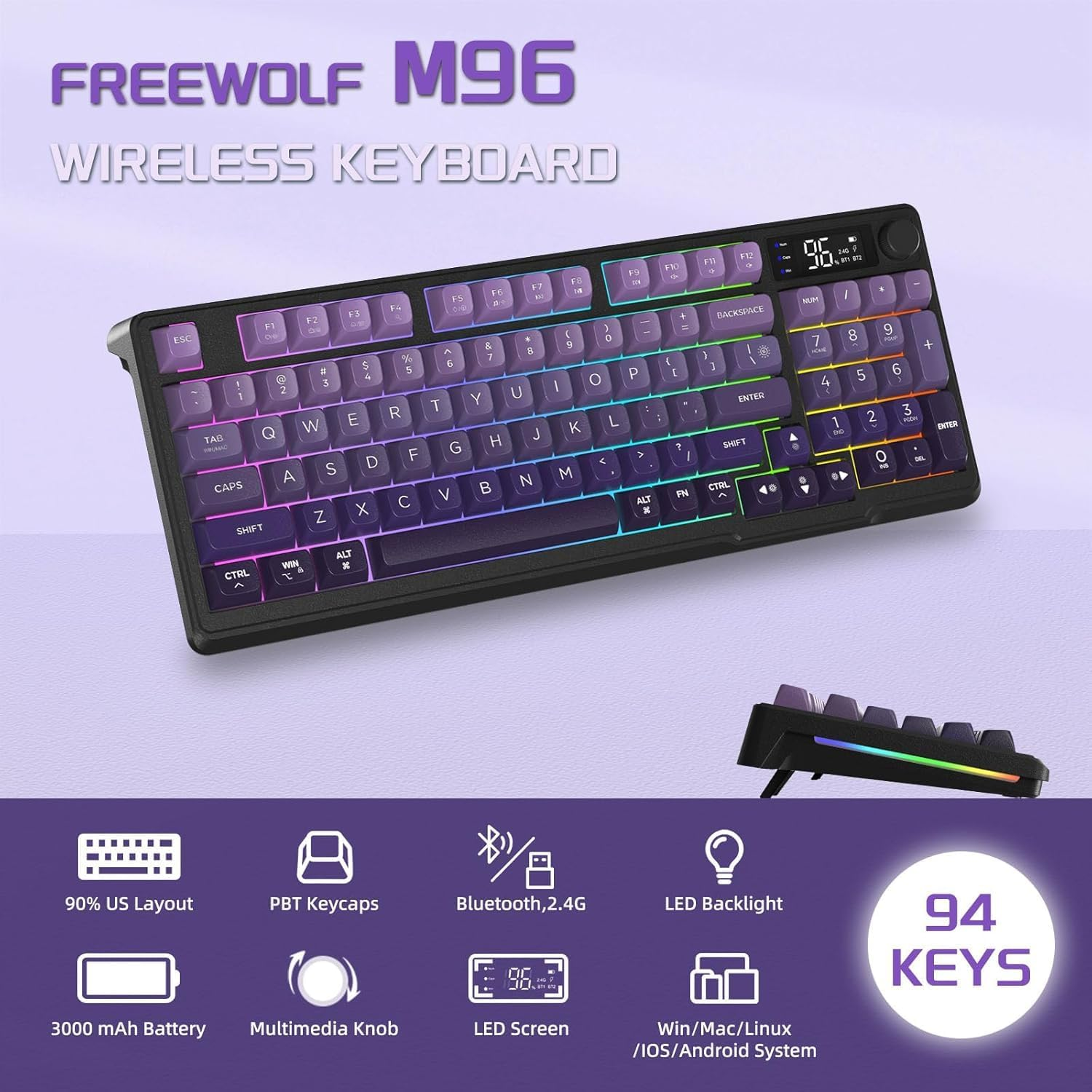 FREEWOLF M96 Wireless Gaming Keyboard Creamy Membrane with Rainbow Backlight,Media Knob,Lcd Screen,Dual Mode-Bluetooth/2.4Ghz,Ball Shape PBT Keycap 94 Key ANSI Layout for Win Mac PC Gamer(Purple) image number 4