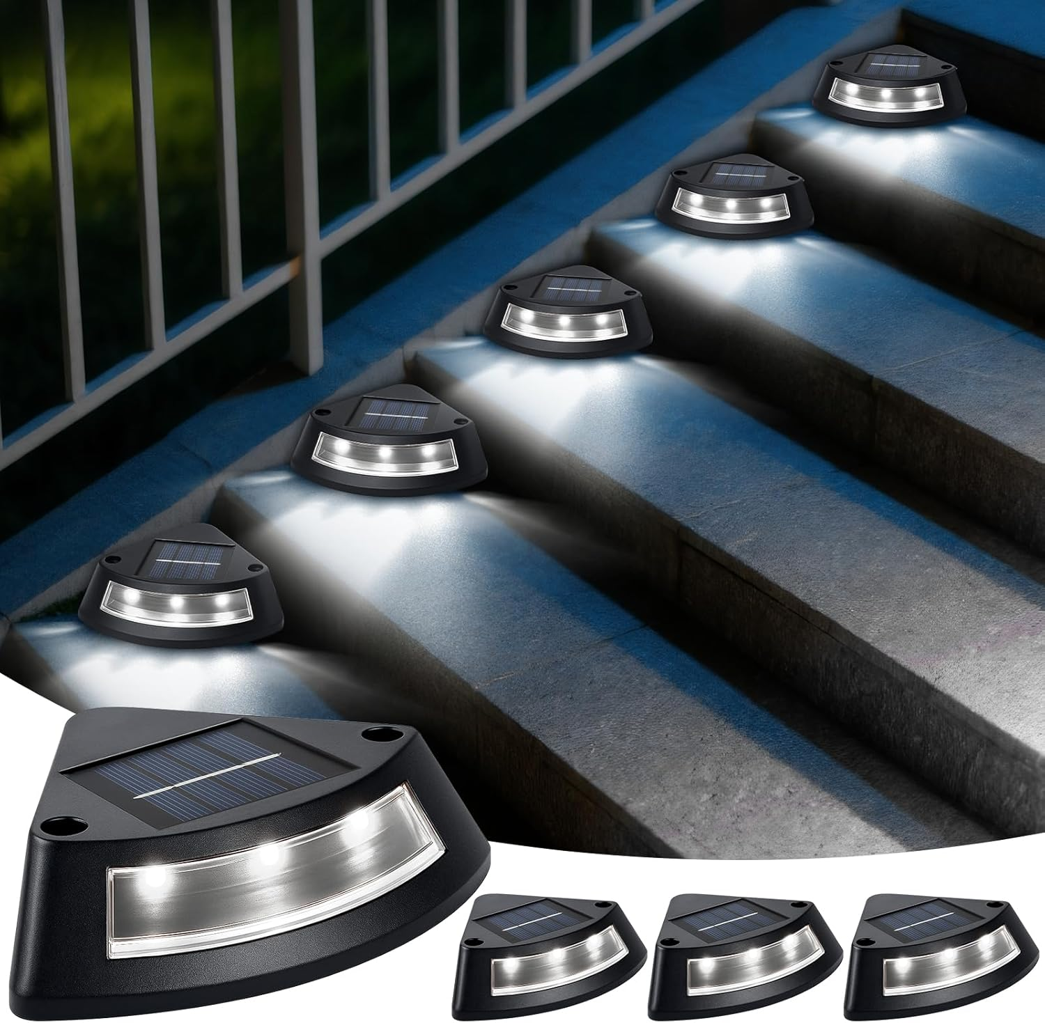 Qoosea Solar Lights for Outdoor Garden, Pack of 4 IP65 Waterproof Solar Stair Lighting, 6500 K White LED Step Light, Garden Lamps for Outdoor Stairs, Steps, Fence, Yard, Patio, Gutter, Path Decoration image number 1