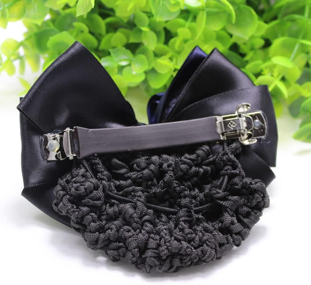 Womens Bowknot Snood Net Barrette Elastic Hair Clip Bun Cover Hairnet Satin Bow Barrette French Hair Clips Hair Accessories for Stewardess Banks Hotels Airline Professionals (Black)