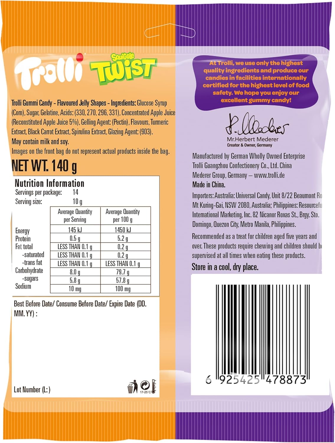 Trolli Squiggle Twist Fun and Fruity Gummi Twists 140 G &ndash; Soft Chewy Lollies, Rainbow Fruit Candy, Gluten-Free Sweet Treats, Party and Snack Pack image number 5