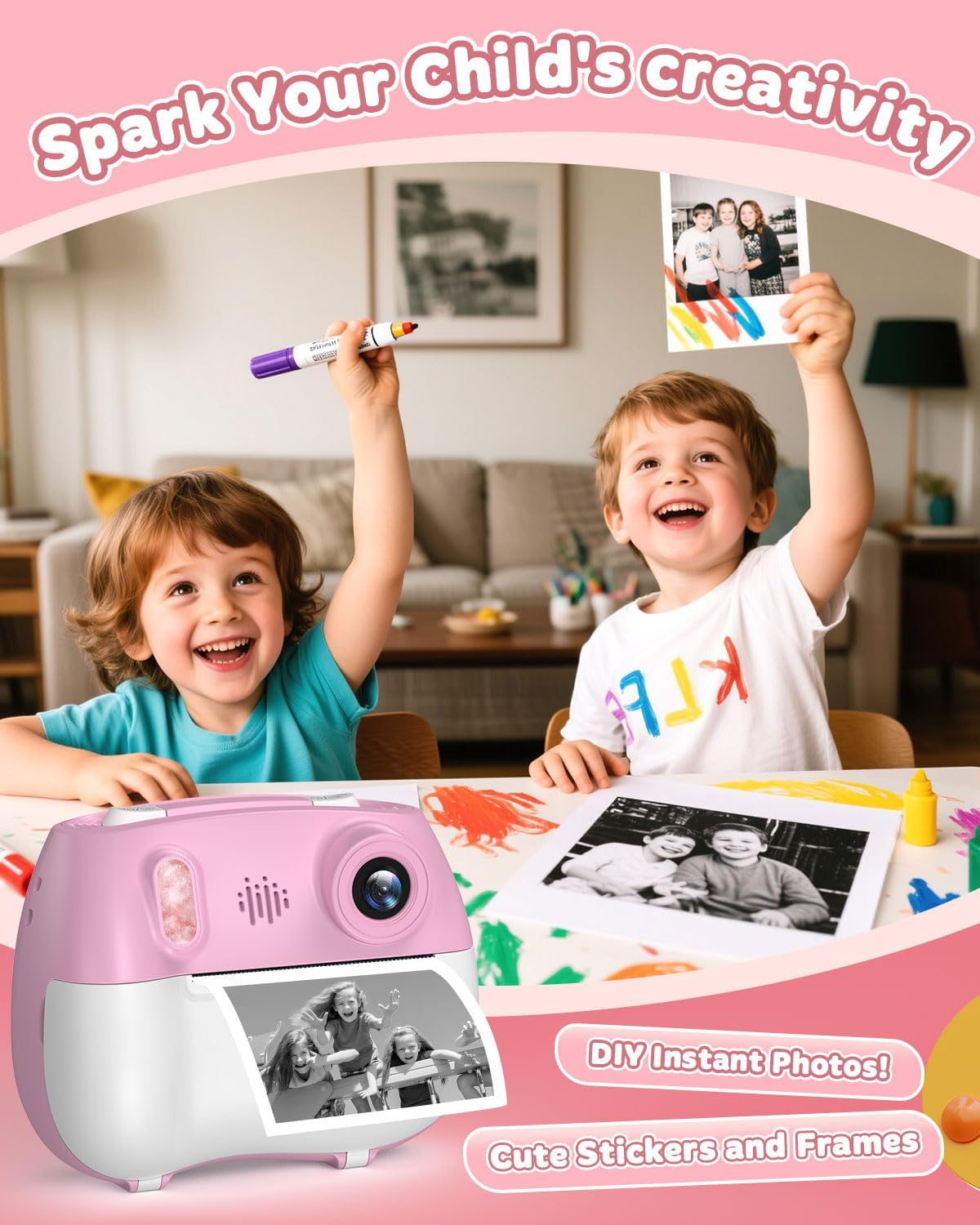 Kids Camera Instant Print - Front Rear Dual Selfie Kid Camera, Fun Girls Boys Ages 3-12, 1080P HD Digital Video Cameras, Christmas, Birthday Present for Toddler 3 4 5 6 7 8 9 10 Year Old image number 5
