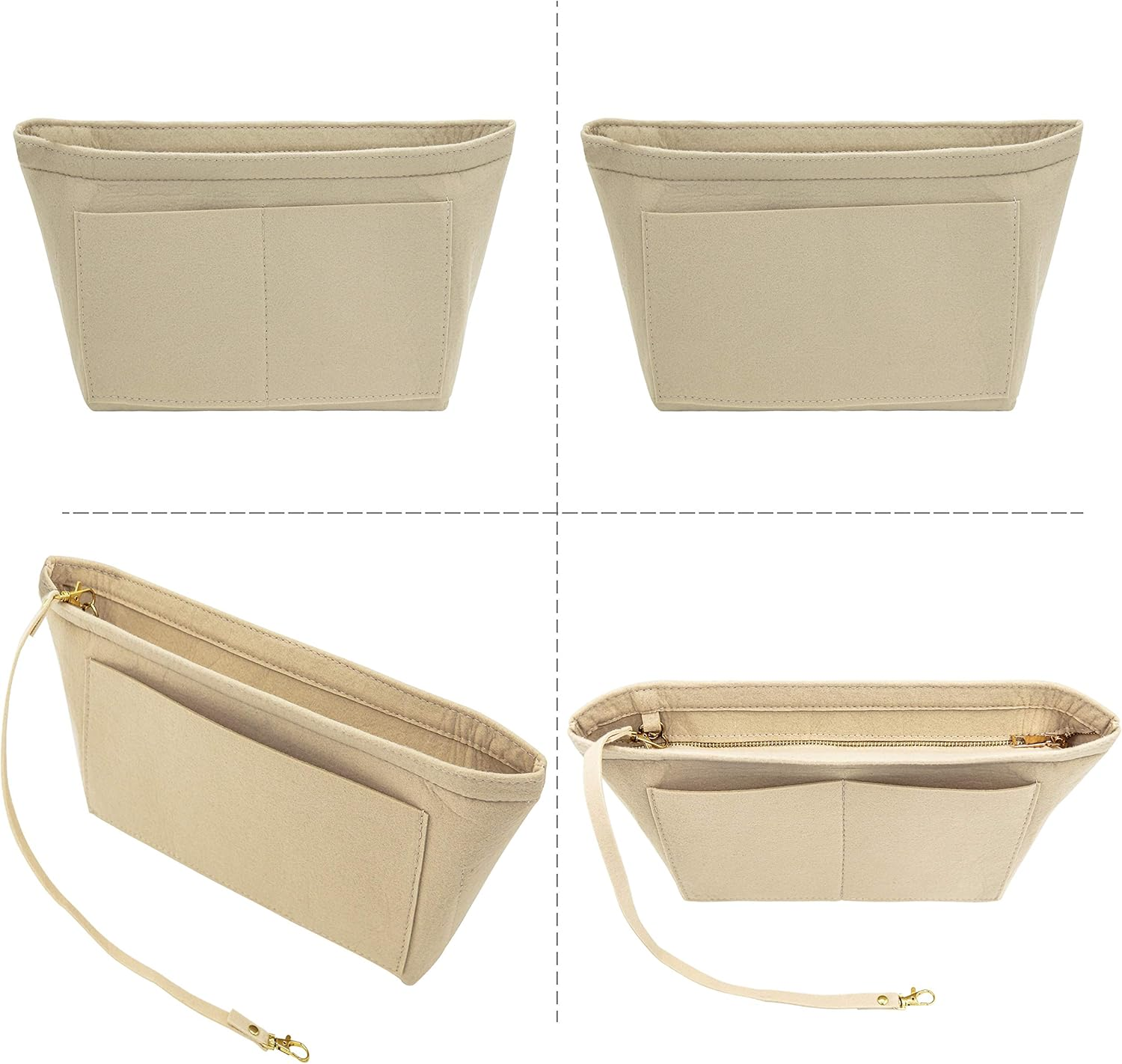 Fovasen Felt Handbag Organiser Insert, Bag Organiser Insert with Handles Keychain, Pocket Purse Cosmetic Storage Bag for Women,Beige-Meidium image number 2