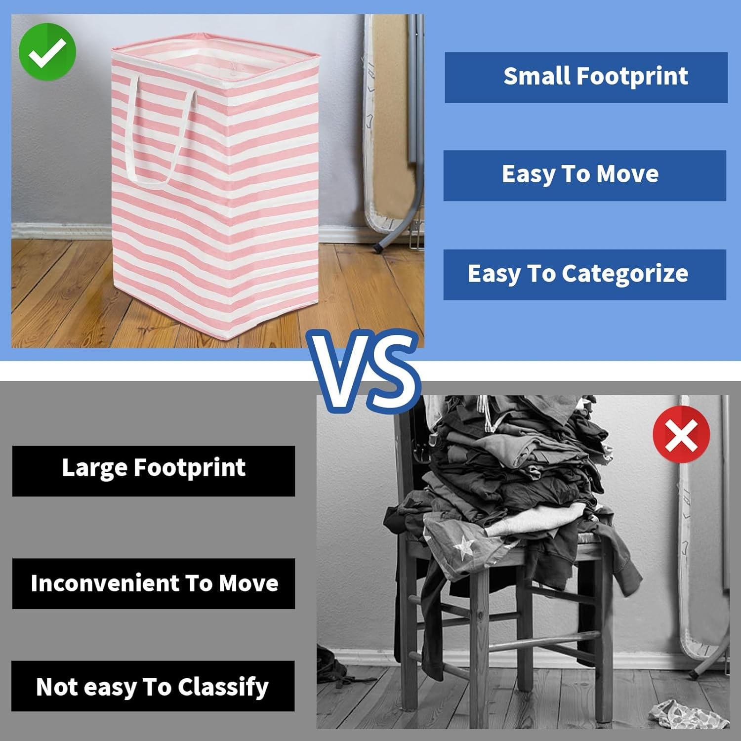 Glarks 1 Pack 75L Large Laundry Basket, Waterproof Laundry Hamper with Long Reinforced Handles, Collapsible Freestanding Clothes Hamper for Bedroom, Bathroom, Dorm(Pink Stripe) image number 5