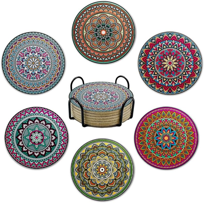 Drink Coasters round Absorbent Stone Coasters Set of 6 with Cork Base, Fun Drink Coasters with Stand for Cold Drinks, Wine Glasses and Cups Table Protection, 4 Inch image number 6