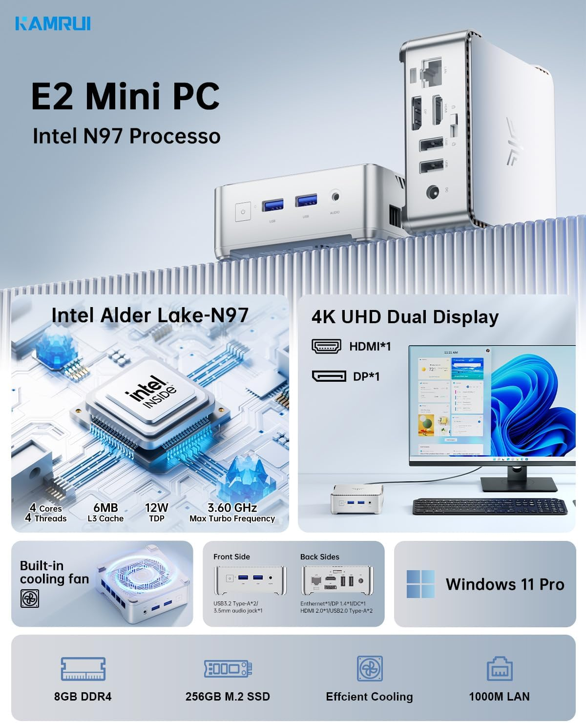 KAMRUI Mini PC E2 Mini Computer Alder Lake-N97(Up to 3.6Ghz,4C/4T) 8GB DDR4 256GB M.2 SSD Win11 Pro Micro Desktop Computer Mini Desktop PC Support 4K@60Hz,Hdmi,Wifi 5,BT4.2 image number 2