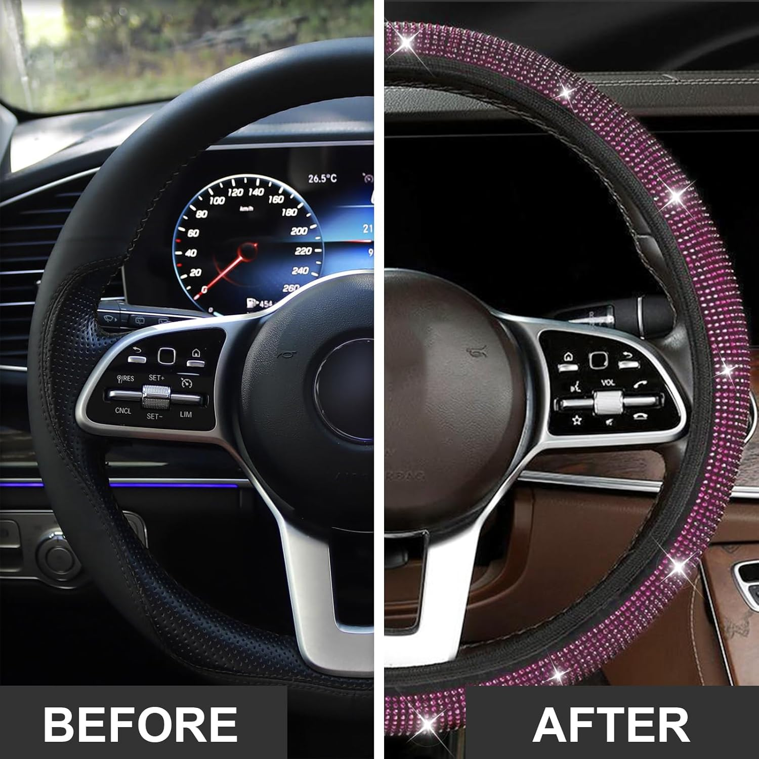 Steering Wheel Cover for Women Bling Crystal Diamond Sparkling Steering Wheel Covers with Coaster Interior Accessories Universal Fit 14"-15" Anti-Slip Steering Wheel Protector (Pink) image number 3