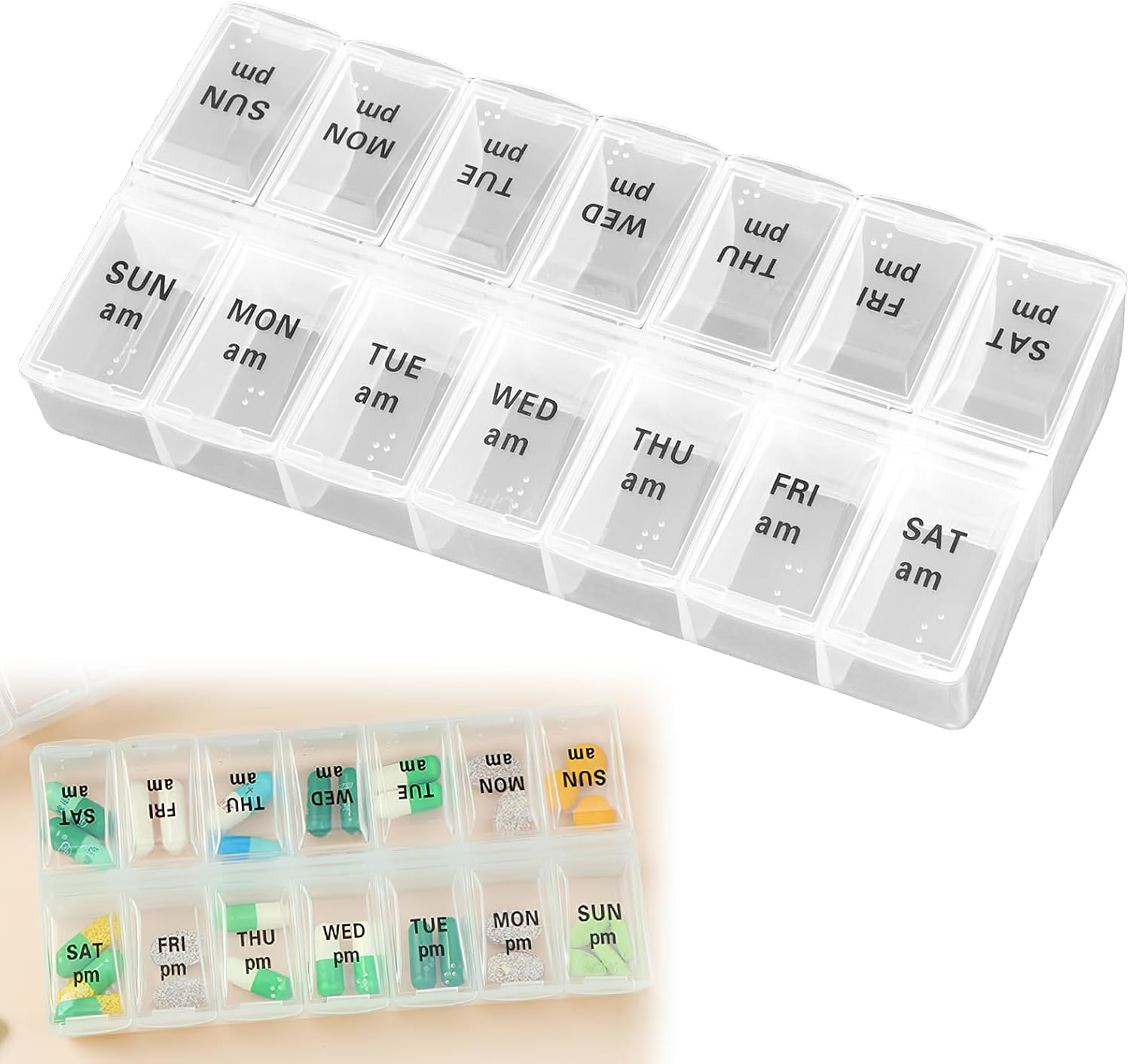Weekly AM & PM Pill Organizer, Medicine Container 7 Days 2 Times Day and Night for Travel, Tablet Organiser Large for Vitamins Fish-Oil Supplements Capsule Storage with Braille (Black & White)
