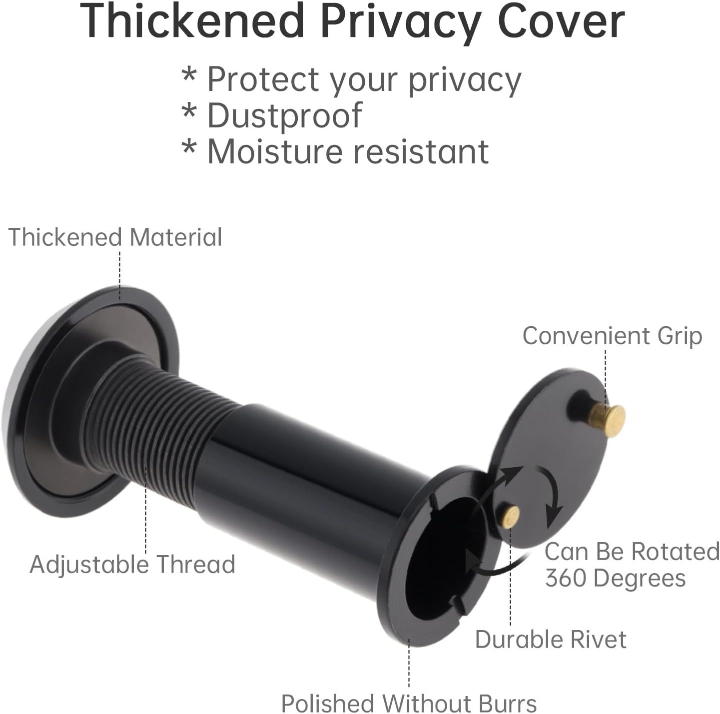 HOJLKLD Door Viewer Peephole,Solid Brass 200 Degree Peep Hole with 16 MM Drill Bit for 1-1/2" to 2-3/8" Doors,5/8 Inch Pipe Diameter Door Eye Viewer with Privacy Cover (1, Black)