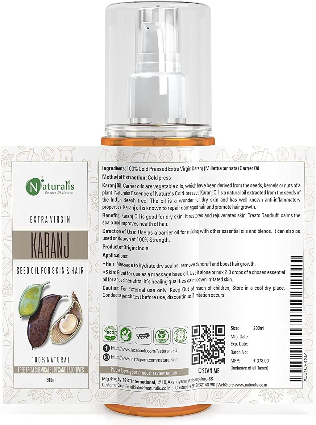 Naturalis Essence of Nature Cold Pressed Karanj Carrier Oil for Hair and Skin, 200 Ml image number 3