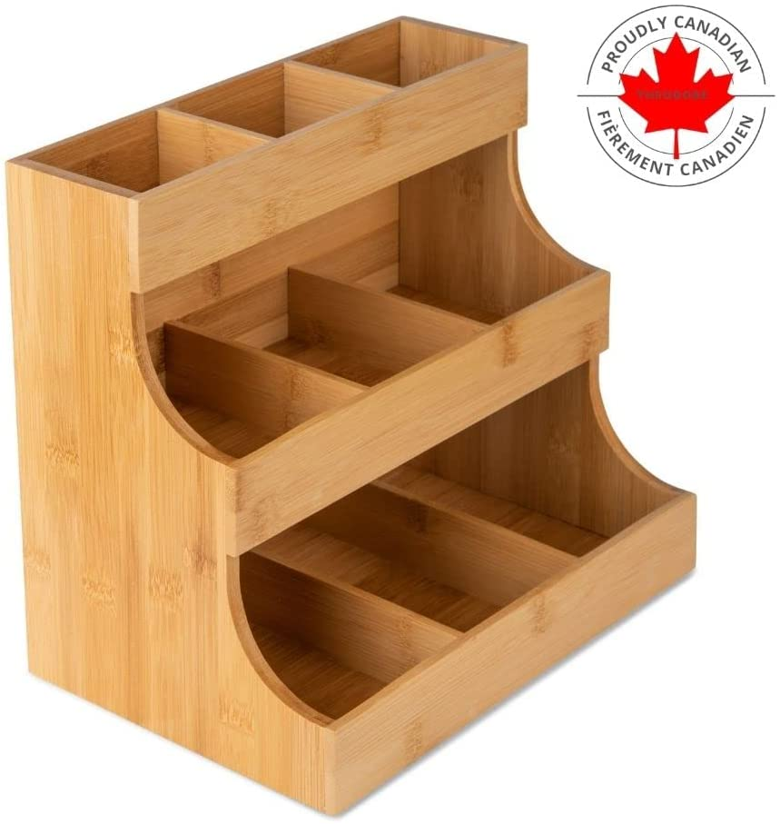 THEODORE Vertical Bamboo Tea Bag Organizer - Holds 180 Bags - Elegant Wooden Storage Box for Home, Office, Caf&eacute; - Also Holds Sugar Packets and Creamers