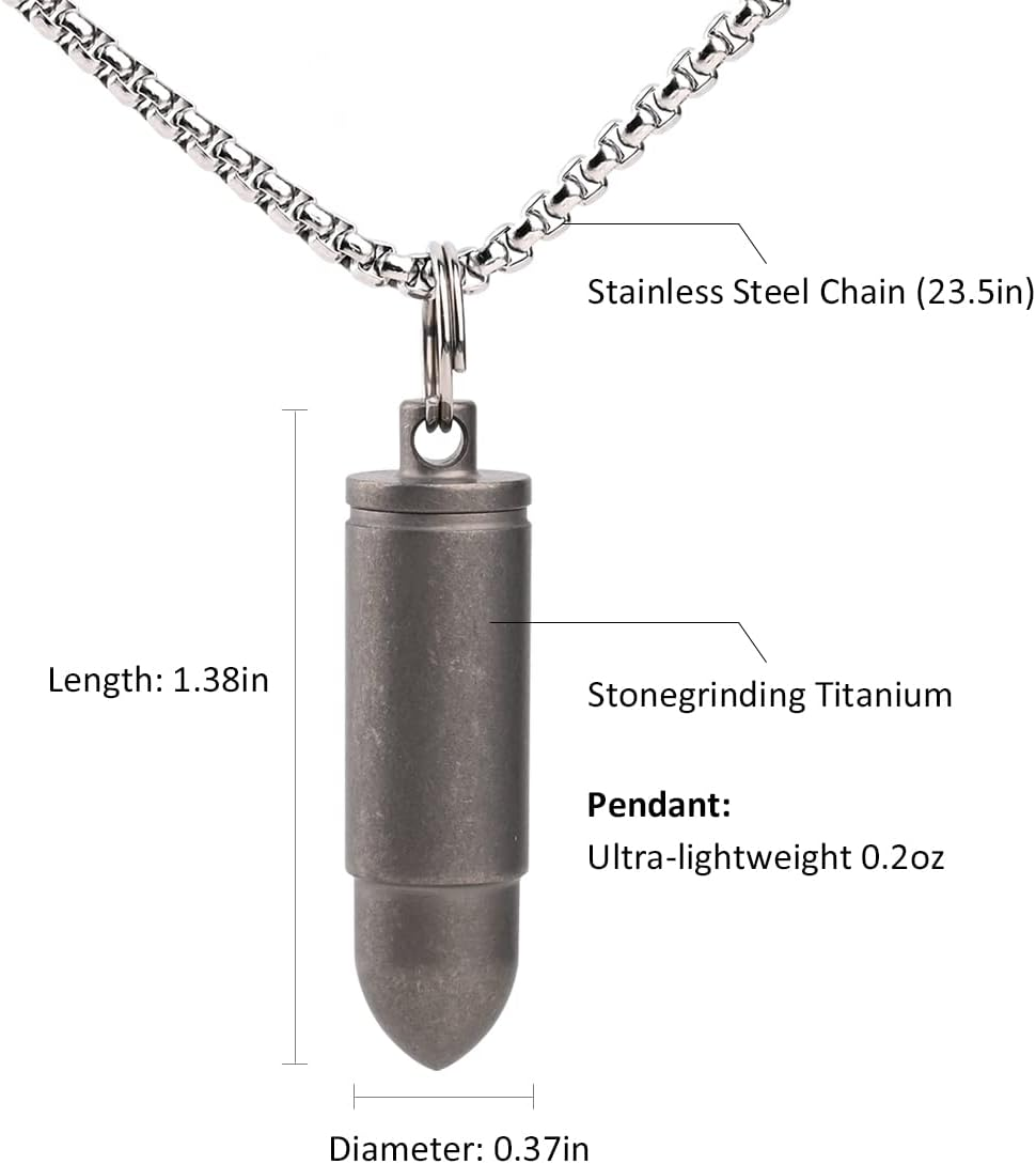 SF203 Titanium Bullet Necklace for Men ，Mini Pill Holder Necklace, 0.2Oz Pill Case Ultra-Lightweight Waterproof Pendant Necklace