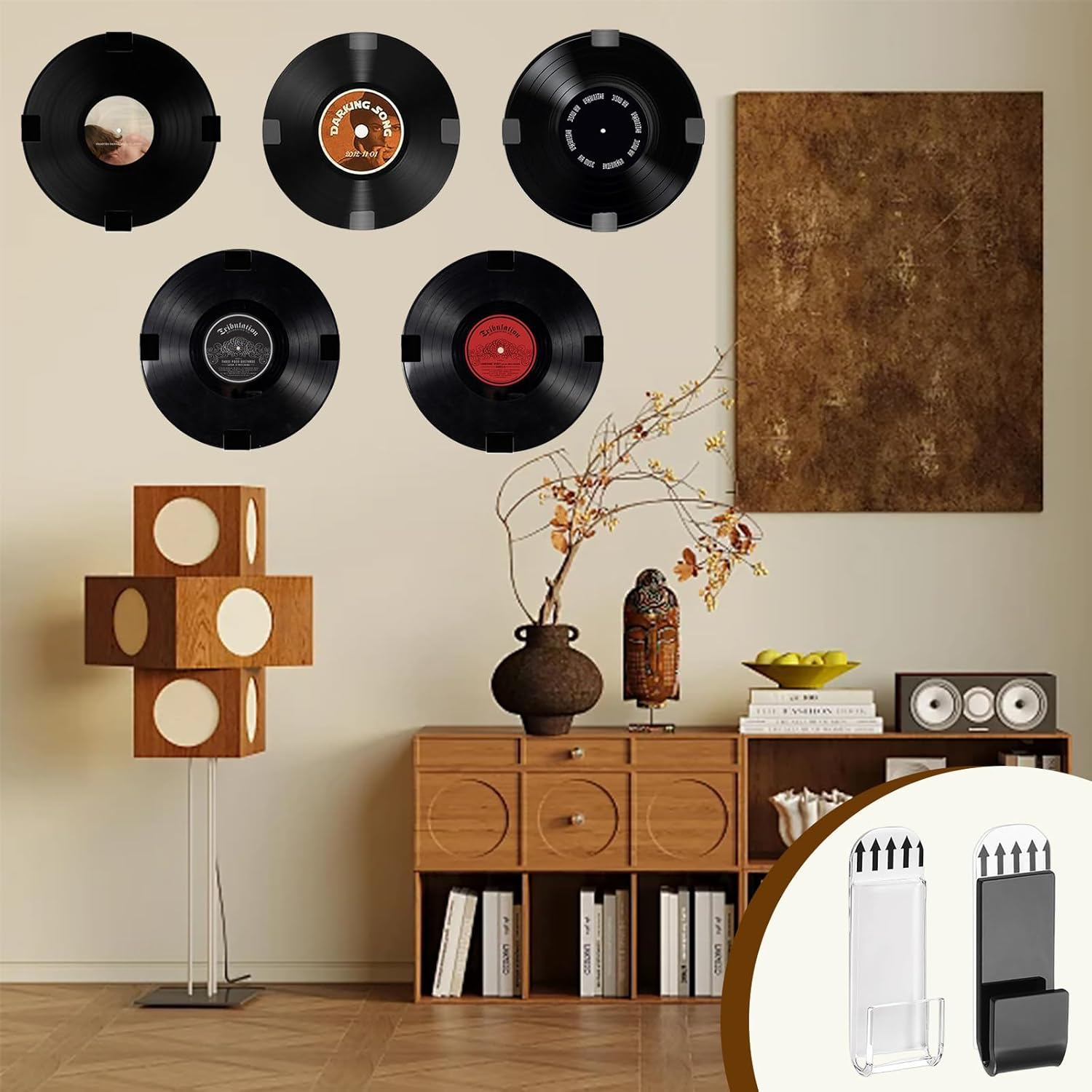 Sgphrzlt 15 Pack Vinyl Record Storage Holder Wall Mount, Self-Adhesive Wall Record Display Shelf Hooks, No Screw Removable Acrylic CD Album Hangers for Home Office Decoration, Clear image number 4