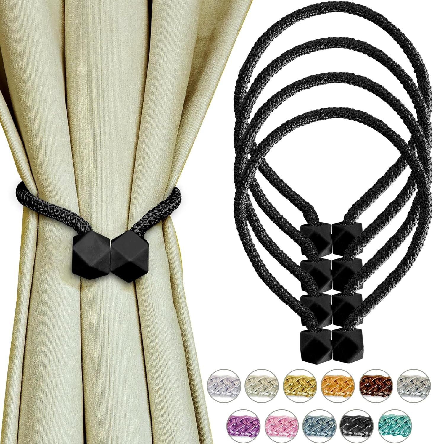 Black Magnetic Curtain Tiebacks 4 Pack Curtains Tie Backs Holdbacks Holders for Drapes Ties Magnets Buckles Clips No Drill Modern Bedroom Decor Window Treatment