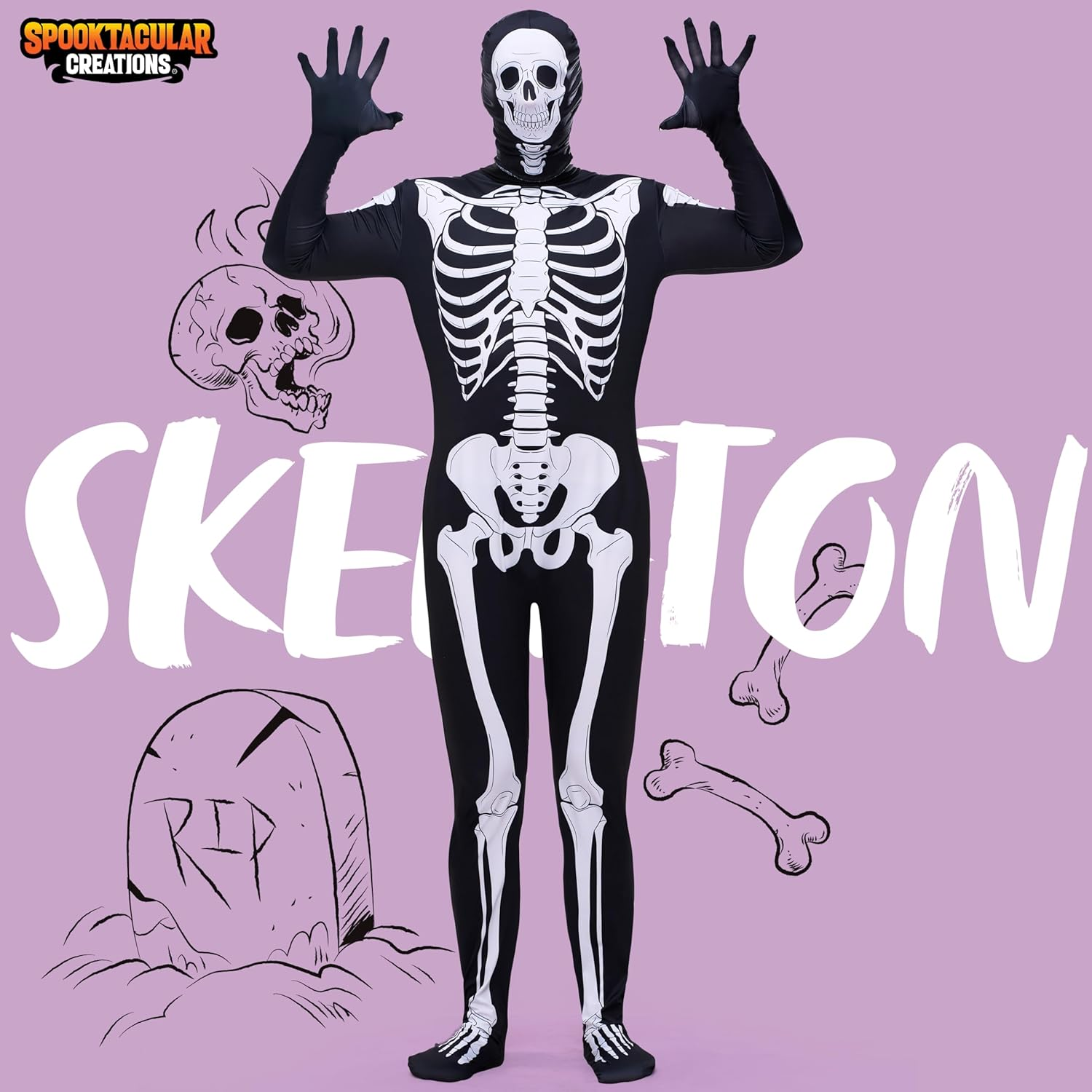 Spooktacular Creations Men Skeleton Costume, Halloween Skeleton Bodysuit Adult for Halloween Costume Dress Up image number 5