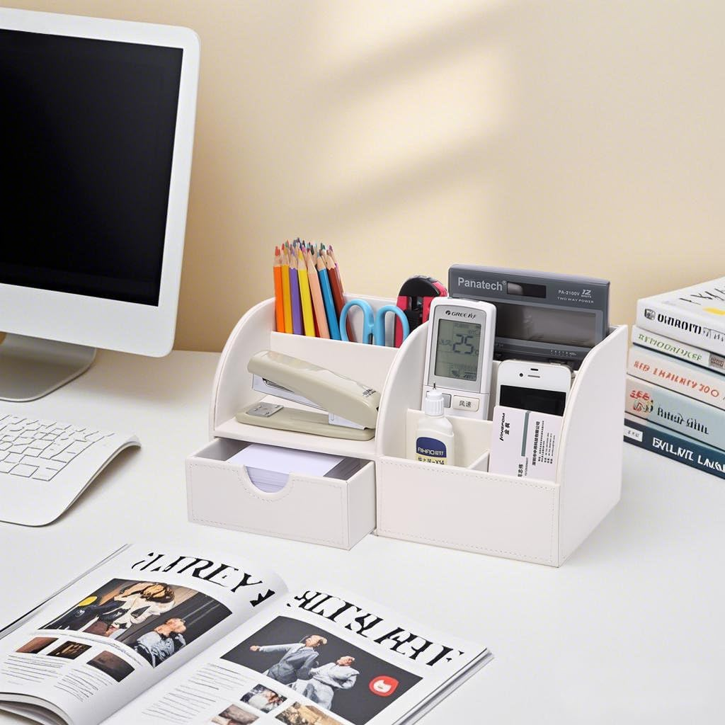 KINGFOM Pu Leather Desk Organizer Pen Pencil Holder Office Supplies Caddy Storage Box 6 Compartments with Drawer White (Full Pu Leather) image number 2