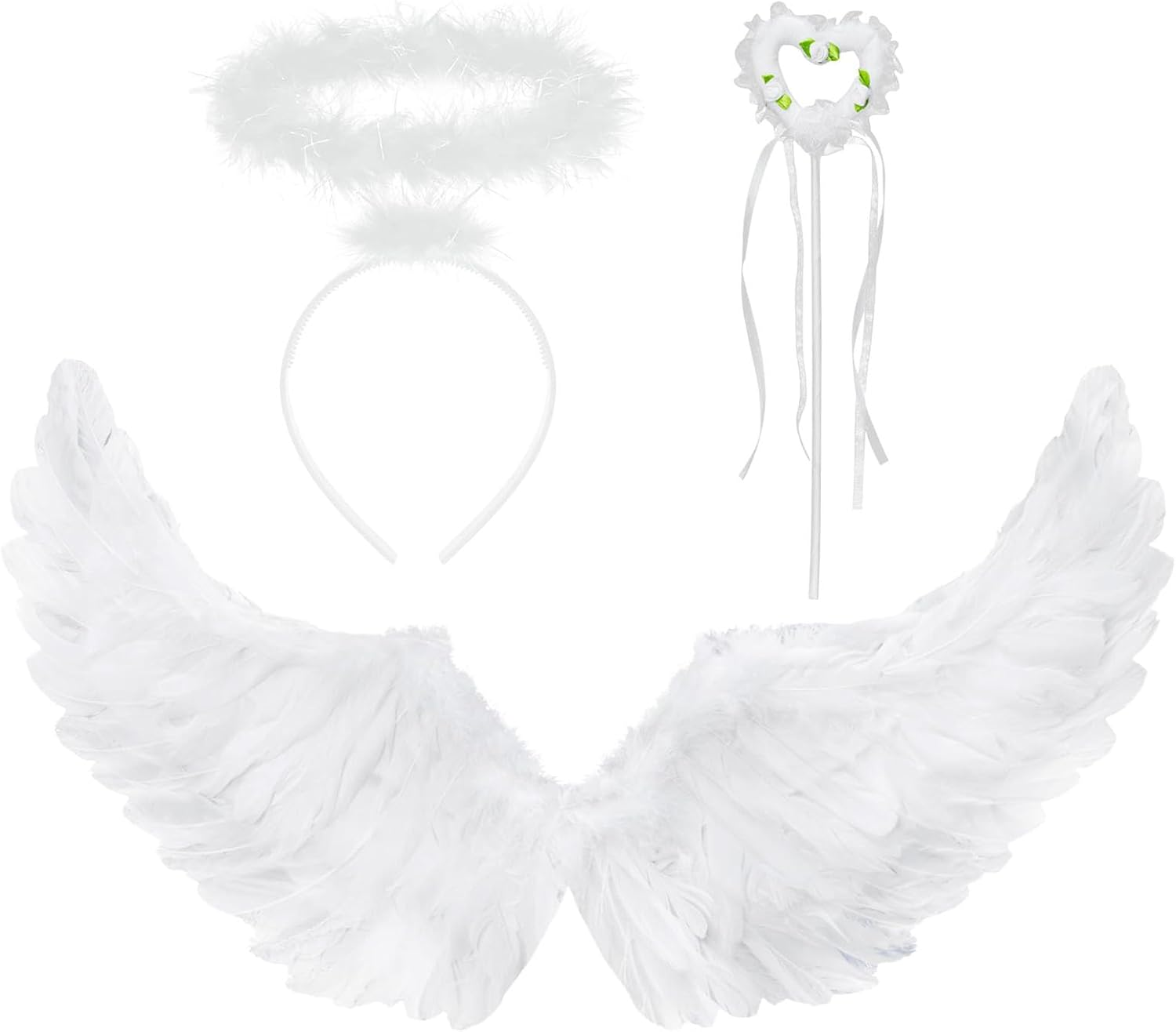 Oviovky Angel Wings and Halo with Fairy Wand, 3Pcs Feather Angel Wings Fairy Wings, Girls Adult White Angel Costume Fancy Dress for Carnival Party Festivals Costume Cosplay