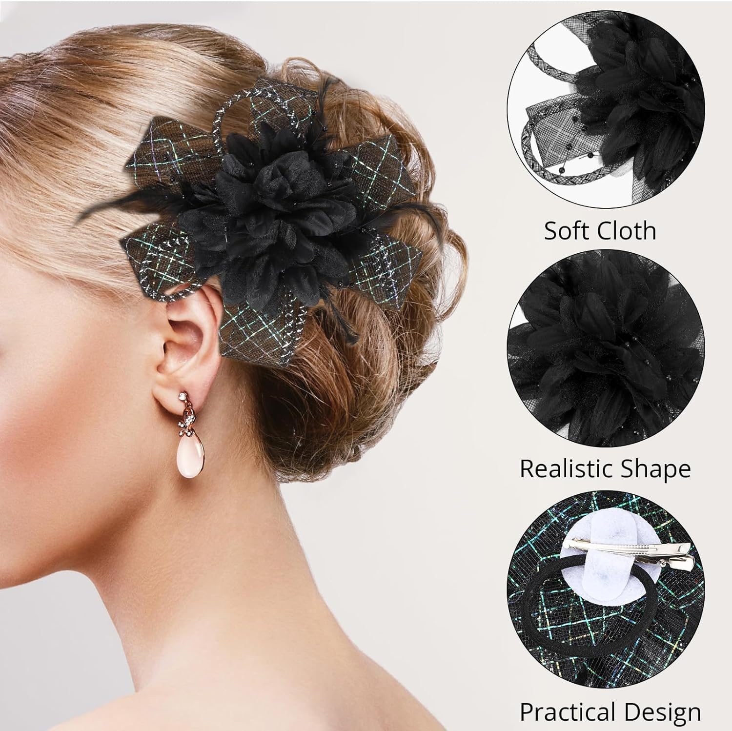 Sibba Flower Hats Clip Tea Party Lapel Pin Hair Clip Flower Feather Hair Clips Hair Pin Butterfly Accessories Dresses Headband Set Women Girls Travel Wedding Prom Valentine'S Day Black C image number 4