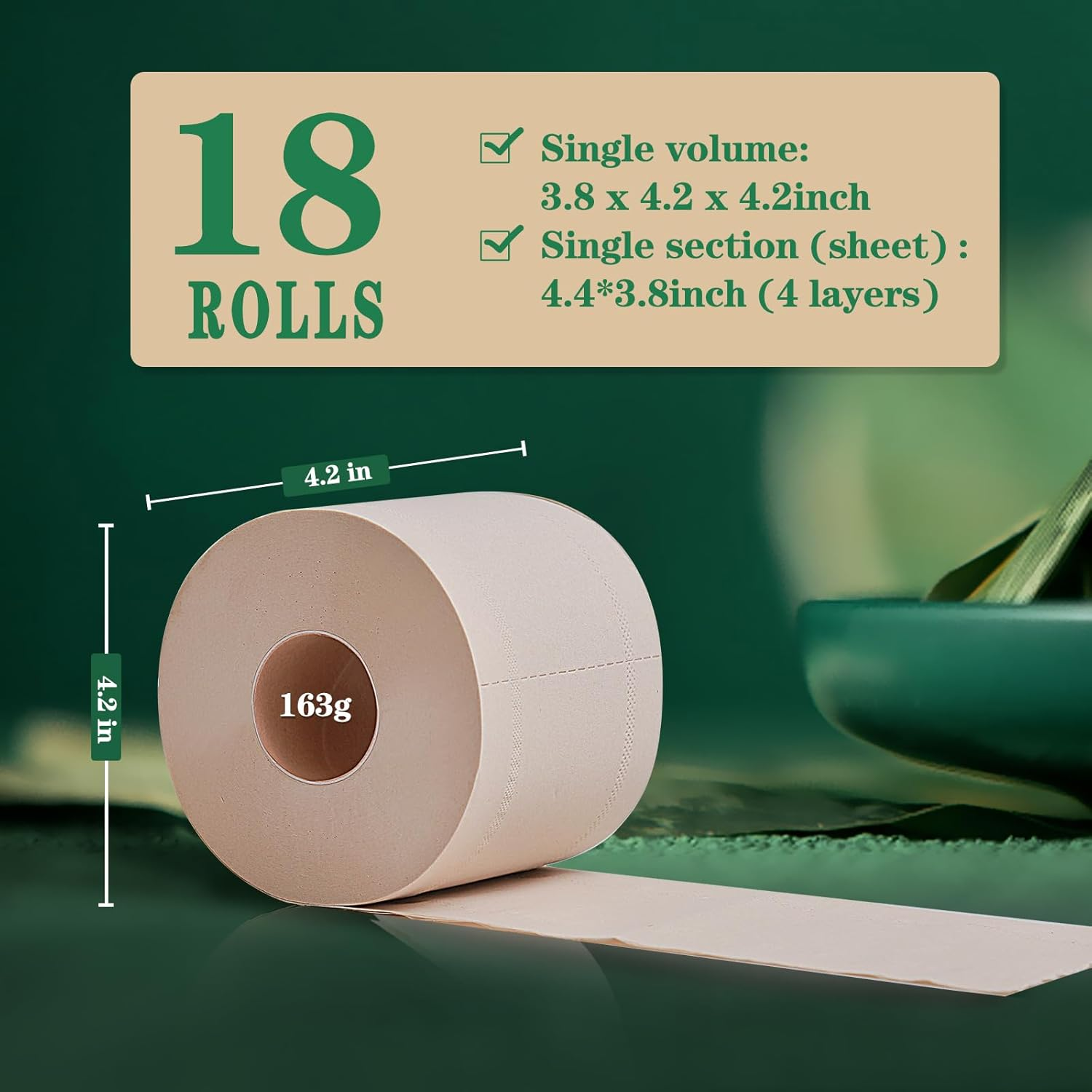 4-Ply Toilet Paper, 100% Bamboo Toilet Tissue, 18 Double Length Toilet Paper Rolls, 245 Sheets,Unbleached, Unscented, Fit for Home and Office image number 2