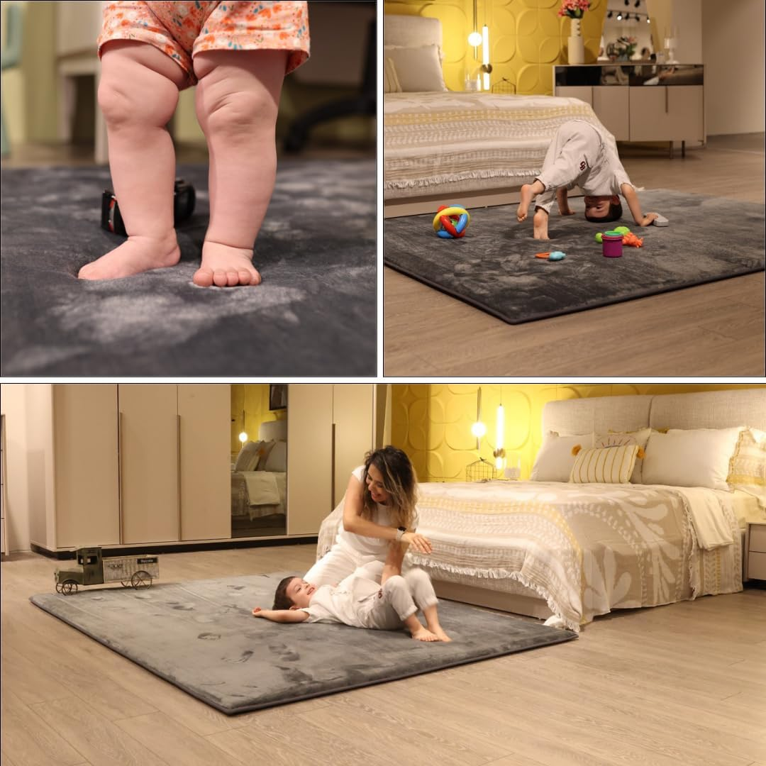 Hugb Baby Play Mat - Premium Extra Thick Non‑Slip Modern Rug for Kids & Toddlers - Tummy Time Mat for Floor - Safe Soft Game Area for Baby - Suitable for Playpen -Useful for Yoga & Stretching - OEKO-TEX Certified - Gray 150*200*3Cm image number 5