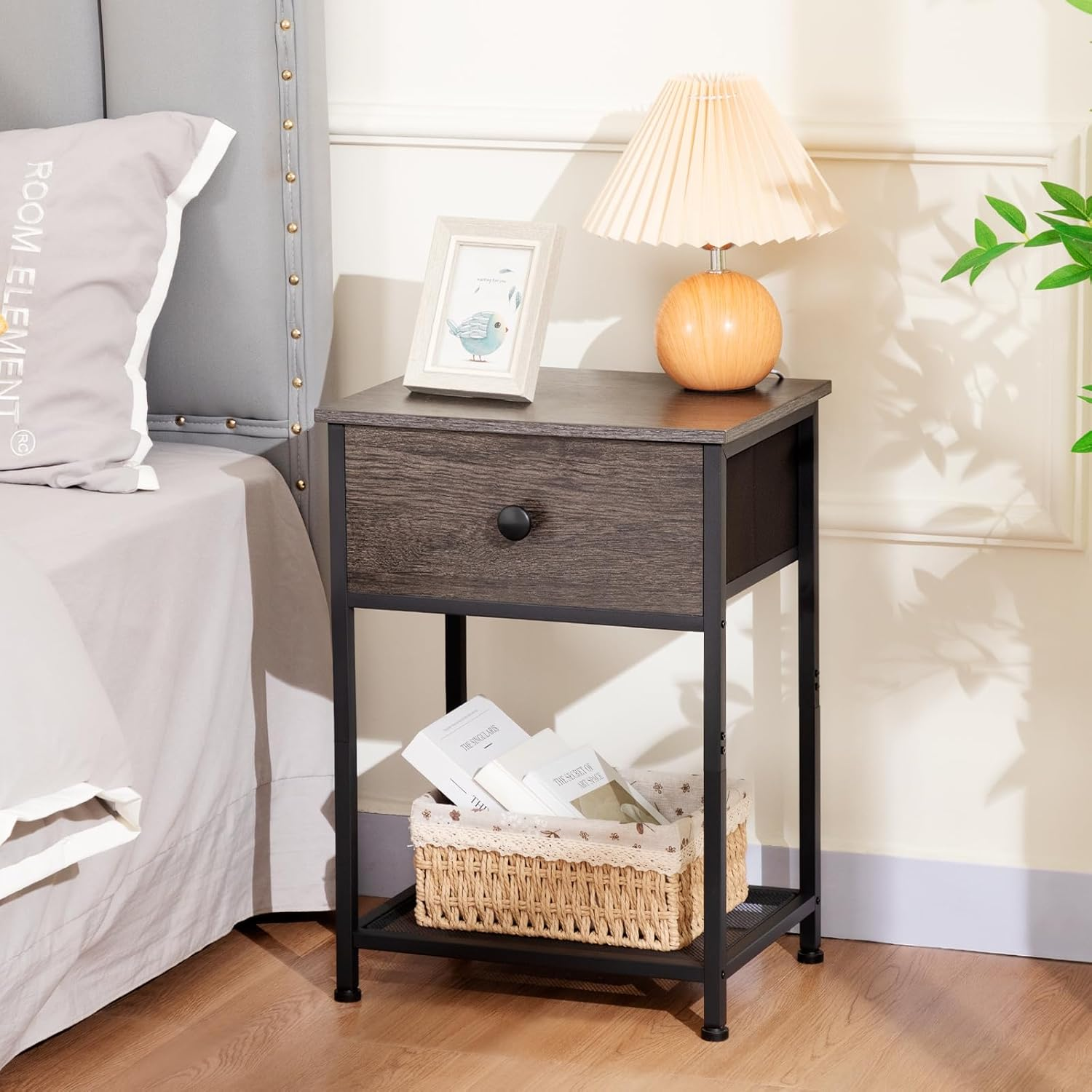 AMHANCIBLE Night Stand Set 2, Nightstand with Fabric Drawer, Industrial End Tables Living Room with Storage Shelf, Slim Bedside Table for Bedroom, Small Spaces, Rusic Brown, HET03SDDG - Dark Grey image number 4