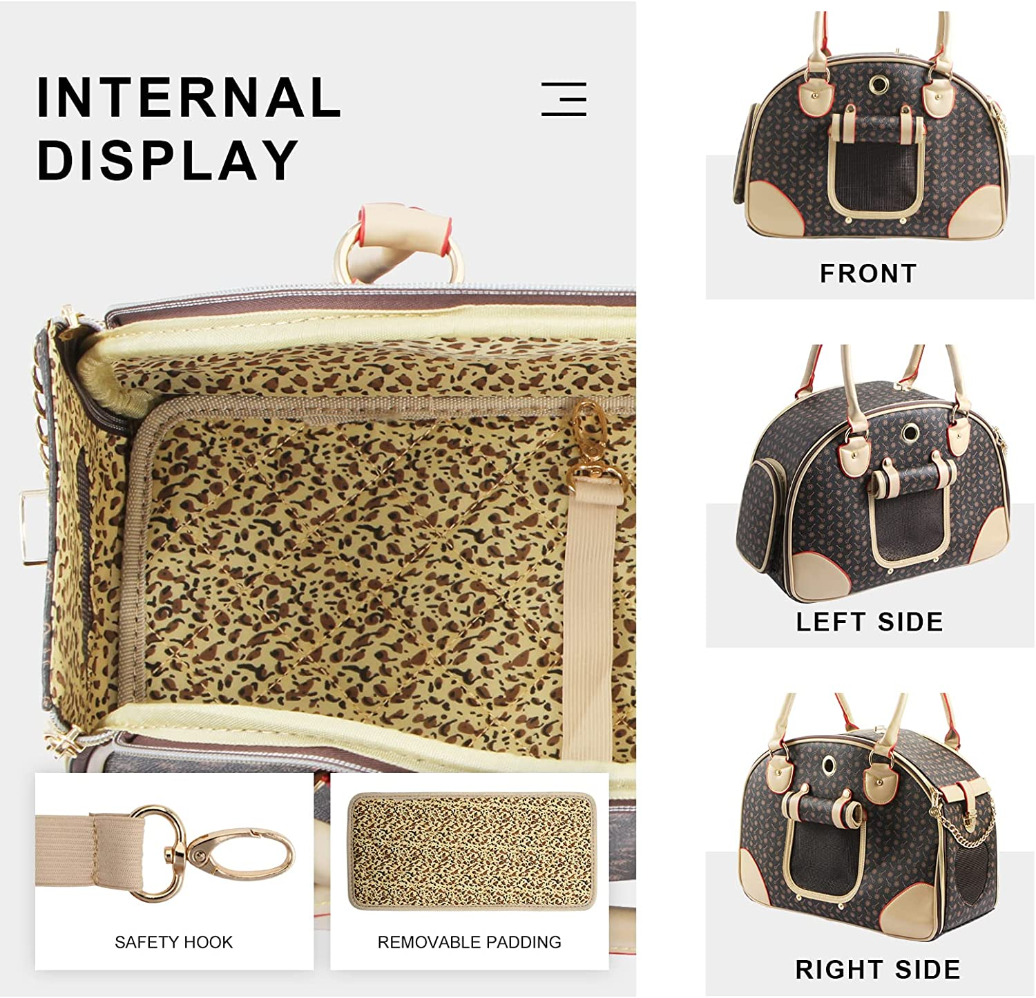 BETOP House Fashion Dog Carrier PU Leather Dog Handbag Dog Purse Cat Tote Bag Pet Cat Dog Hiking Bag, Brown, Large image number 6