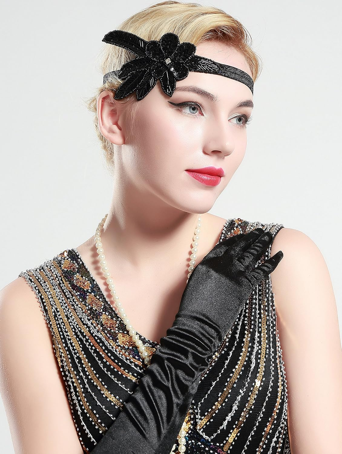 BABEYOND Women'S Flapper Headband Black 1920S Gatsby Headpiece Crystal Beaded Headband for Girls (Black)(Size: One Size) image number 1