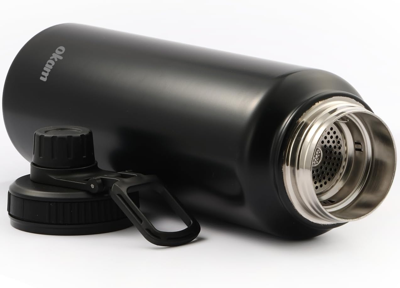 Okam 1L Drink Bottle Leak Proof Tea Infuser Bottle, Black - Stainless Steel Double Layer Vacuum Insulated - Dual Drink Hole, Tea/Fruits Strainer - Handle-For Hot/Cold Water, Tea, Infuser Travel Bottle