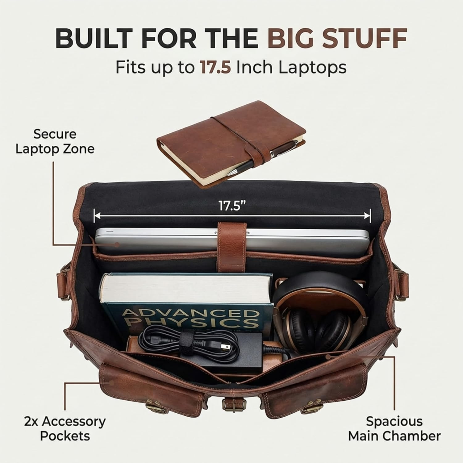 Cuero Vintage Handmade Leather Travel Crossbody Laptop Briefcase for Men and Women image number 3