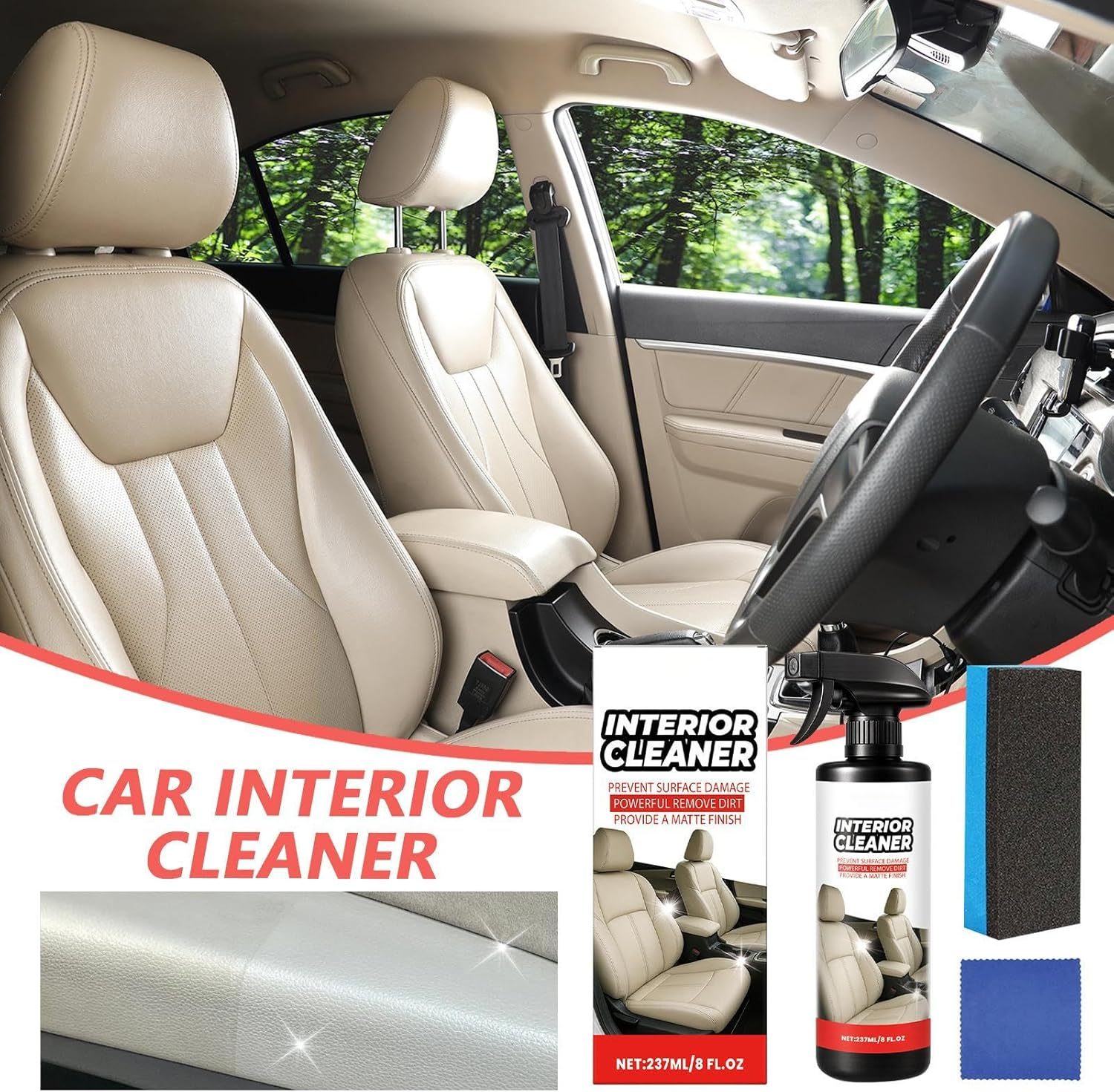 Qkbuza Car Upholstery Cleaner | Car Steering Wheel Cleaner with Cloth and Sponge,237Ml Automotive Cleaning Detailing Spray for Steering Wheel Trim Door Leather Seat Dashboard image number 3