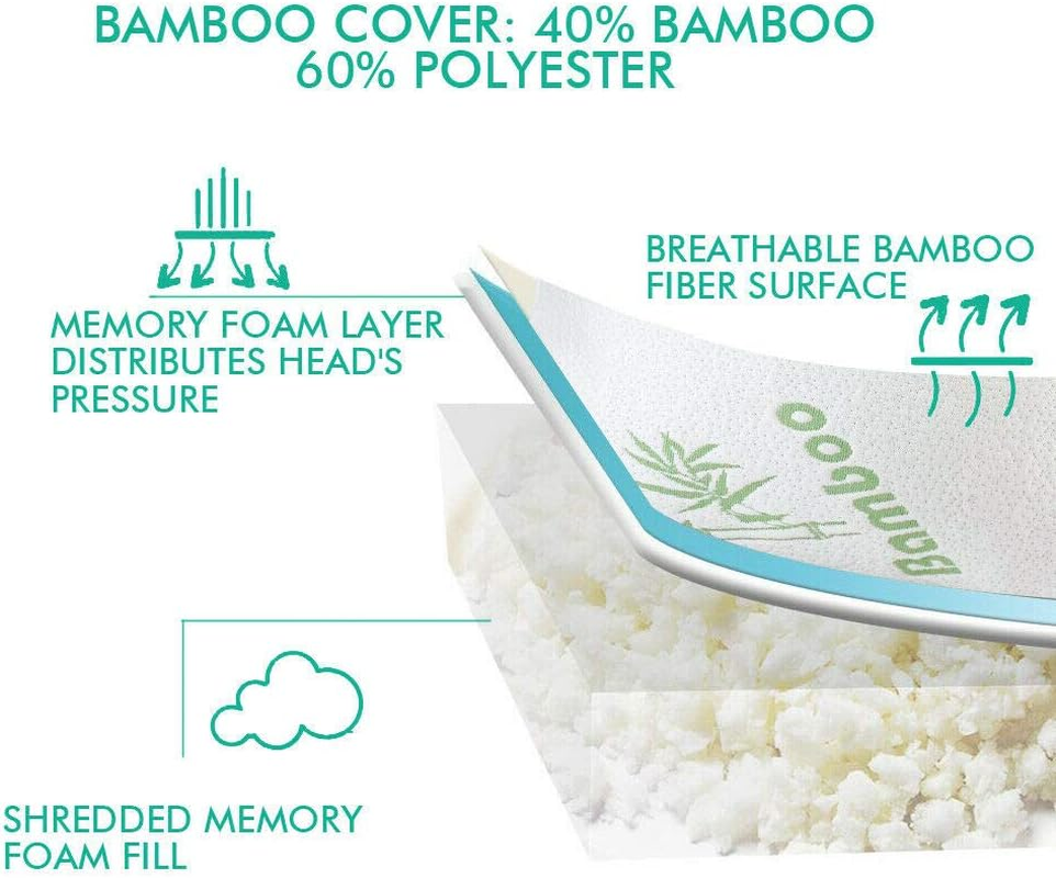 Dreamz 2X Memory Foam Pillow Shredded Cushion Sleeping Bed Pillows Breathable & Hypoallergenic Bamboo Cover with Zipper Moisture Wicking Back/Stomach/Side Sleeper Standard Size (70Cmx40Cm) image number 4