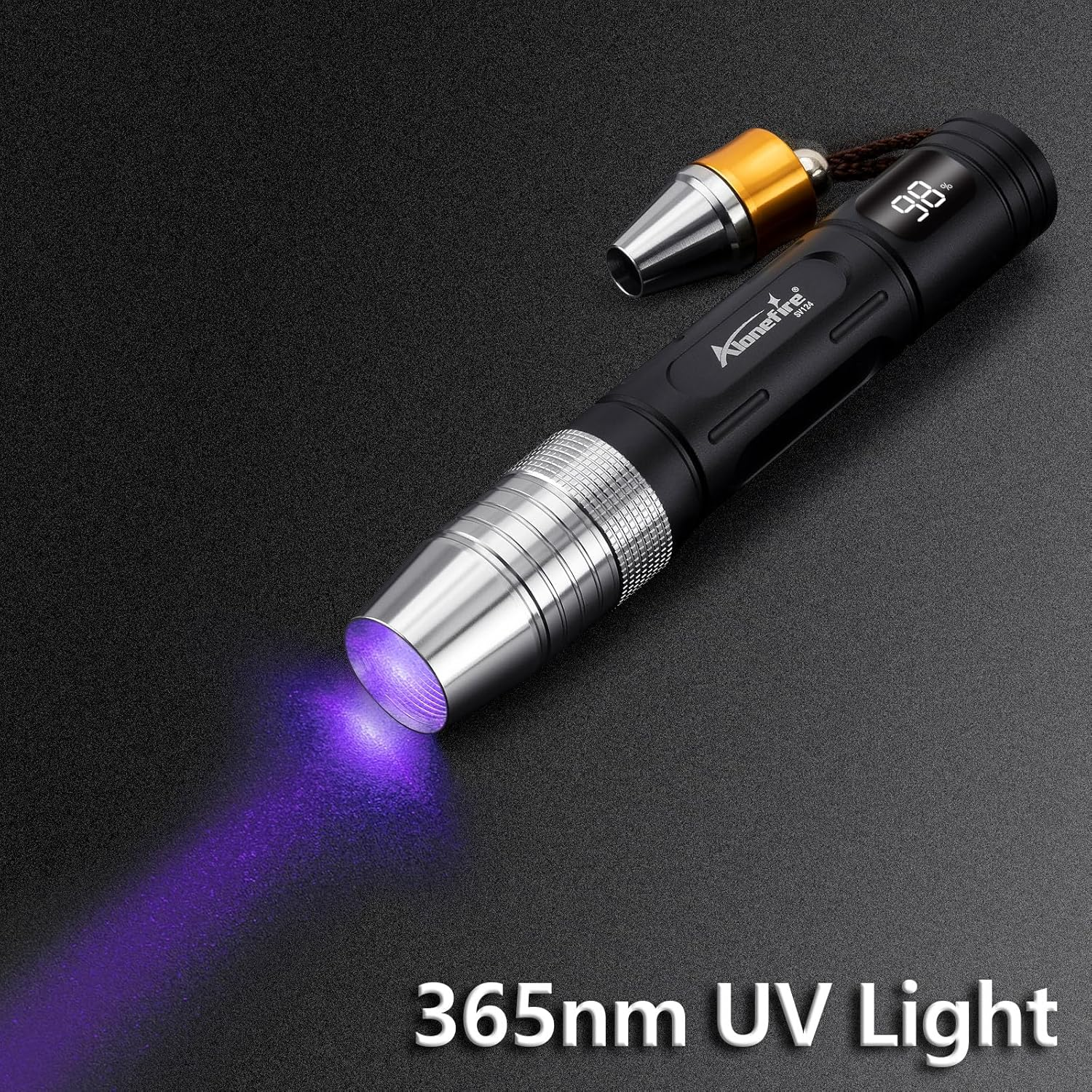 Alonefire SV124 EDC Flashlight Mini 365Nm/395Nm UV Blacklight, Yellow and White Light Digital Display USB C Rechargeable Pet Urine Detector for Rocks Gemstone with Little Focusing Tip,Built-In Battery