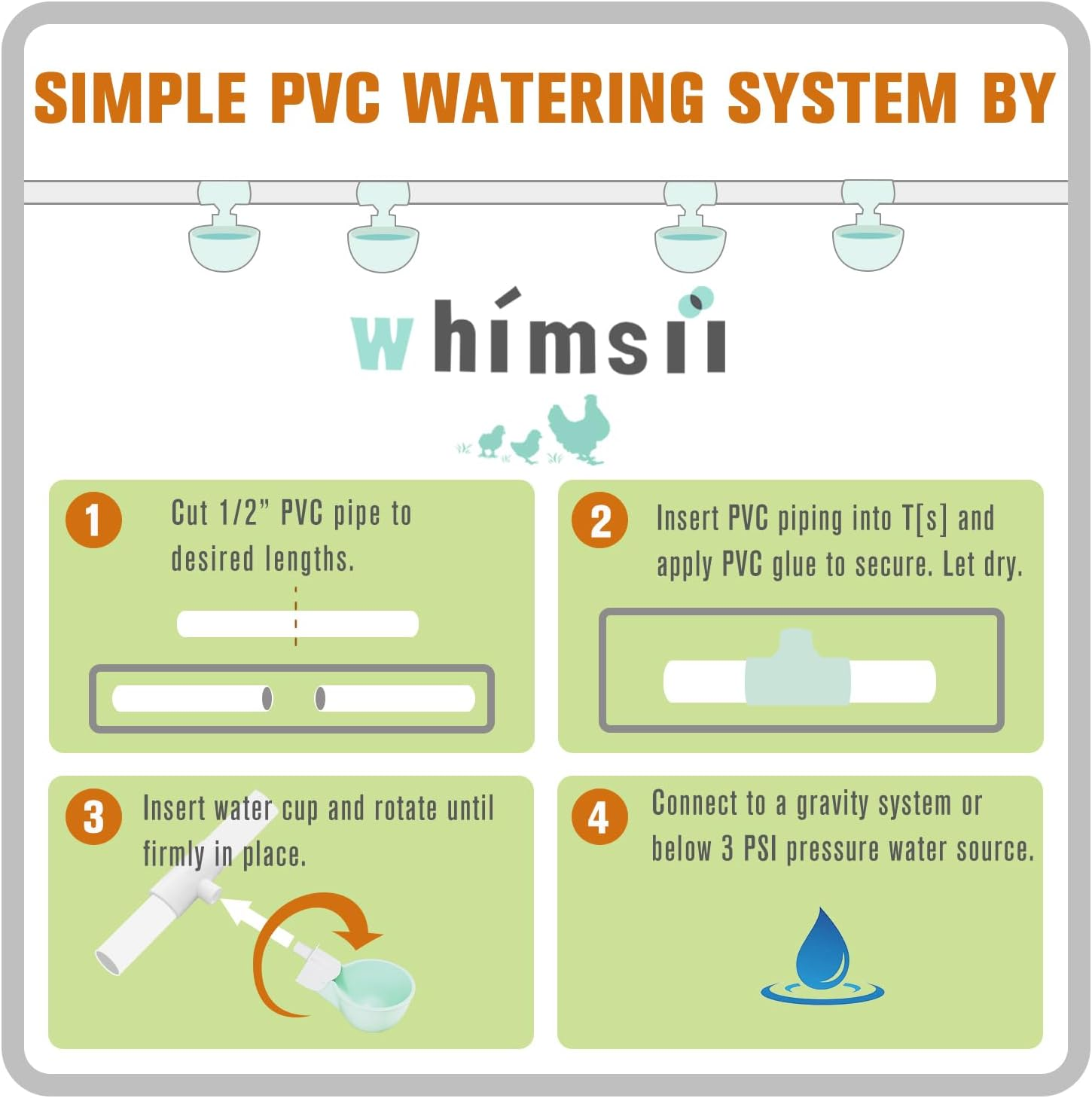 Chicken Water Cups with PVC Tee Fittings for 1/2" Pipe, 8PC Automatic Chicken Watering System, Anti-Leak, Holds 50% More Water, Suitable for Chicks, Chicken, Duck, Quail, Birds, Turkey image number 5