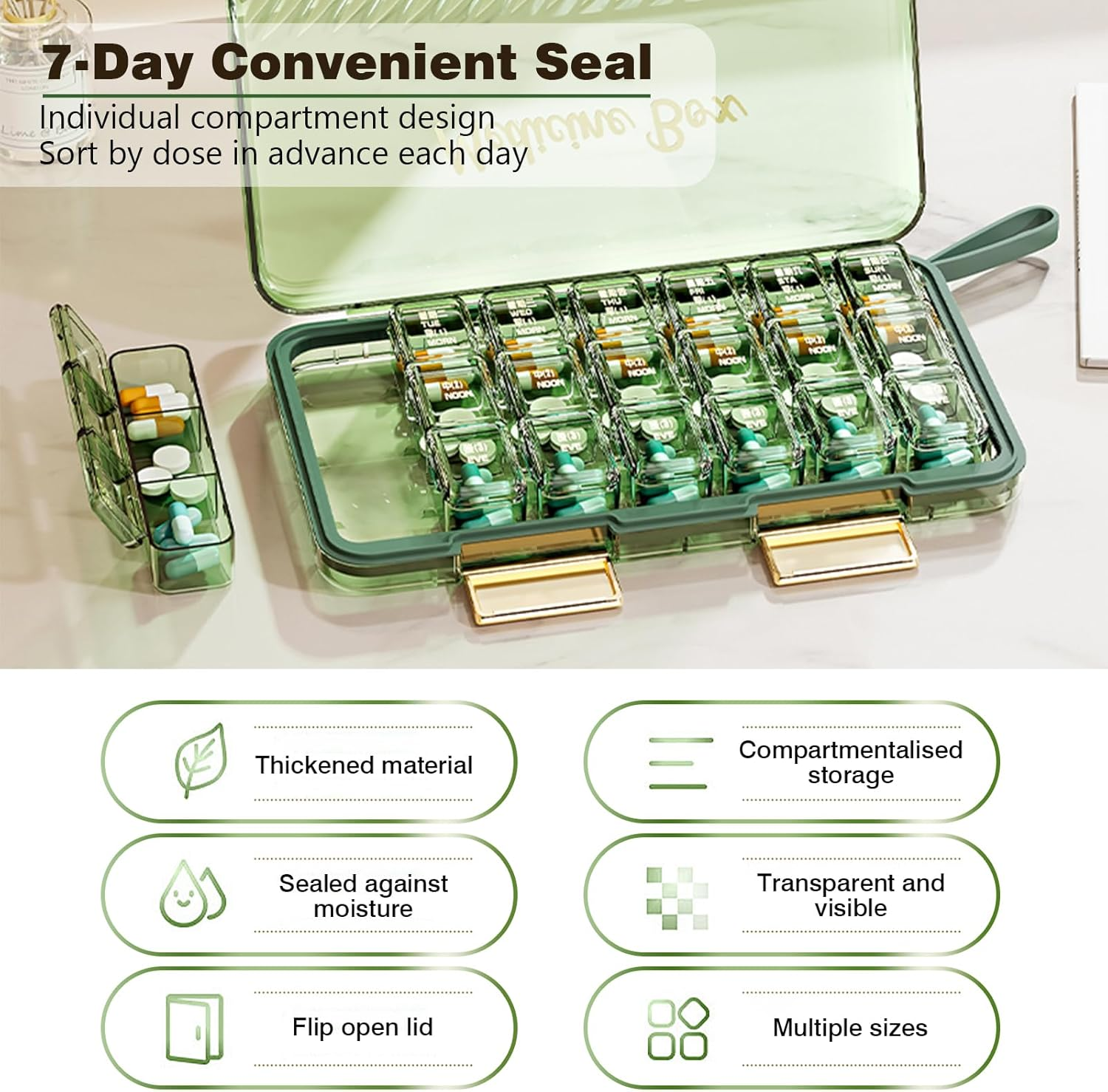 7-Day Pill Organiser Weekly |3-Times-A-Day| Portable Pill Box 7 Day (Green, 24X14X3Cm) - Green image number 3