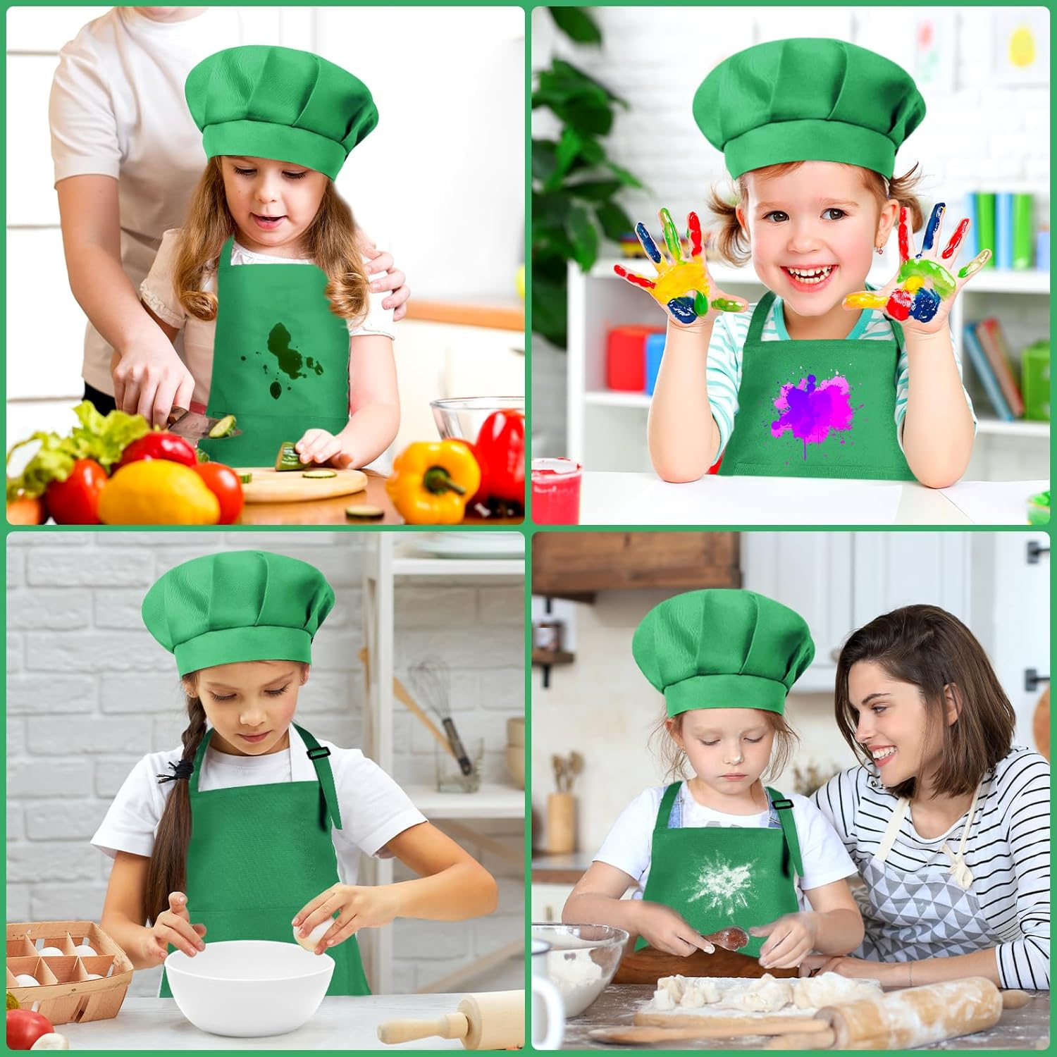 Kids Apron and Chef Hat Set Adjustable Chef Art Apron with 2 Pockets Toddler Chef Hat and Apron for Cooking Painting, M-Green, Small image number 4