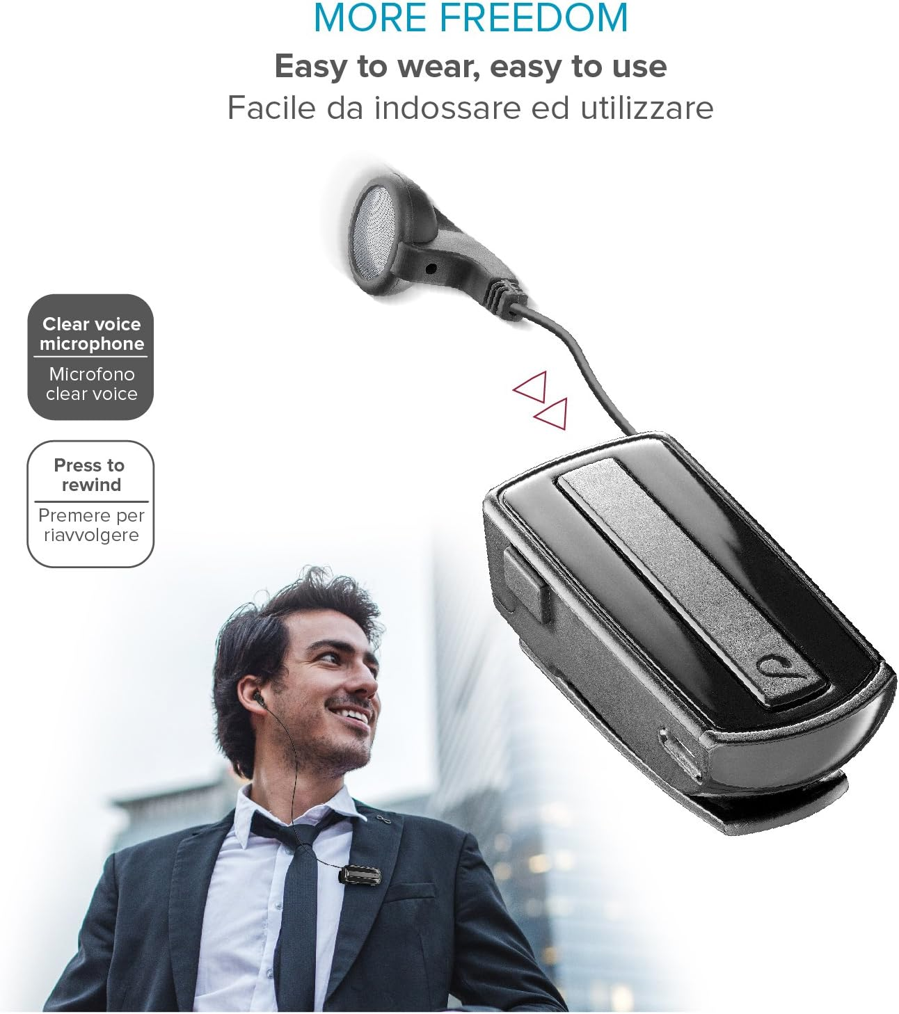Cellularline Roller Clip Bluetooth Headset with Retractable Cable - Black/Grey image number 1