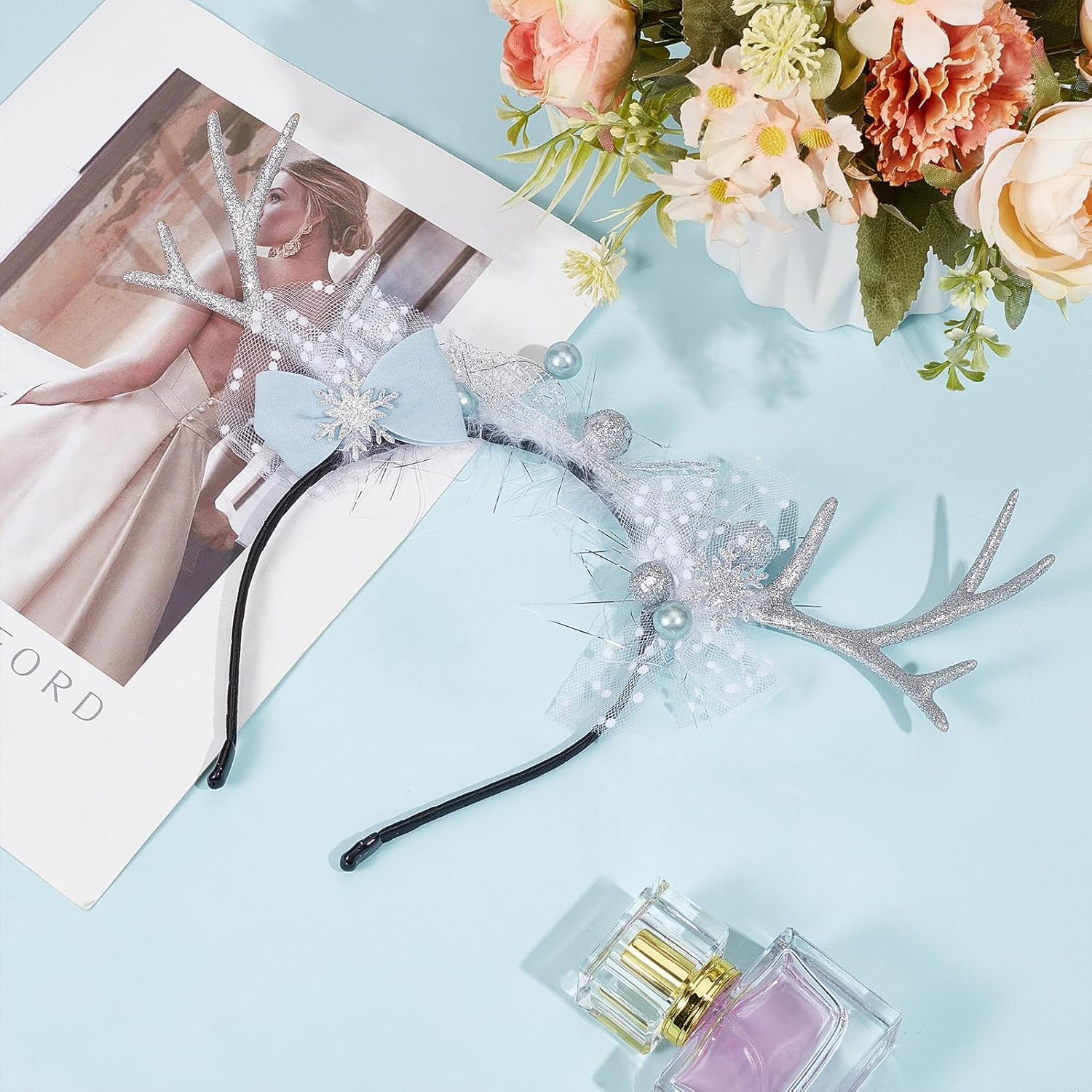 NICENEEDED Christmas Elk Antlers Headband, Bow Hair Hoop Snowflake Headpiece Xmas Head Boppers Glitter Headdress, Holiday Costume Headwear for Party Hair Accessories image number 1