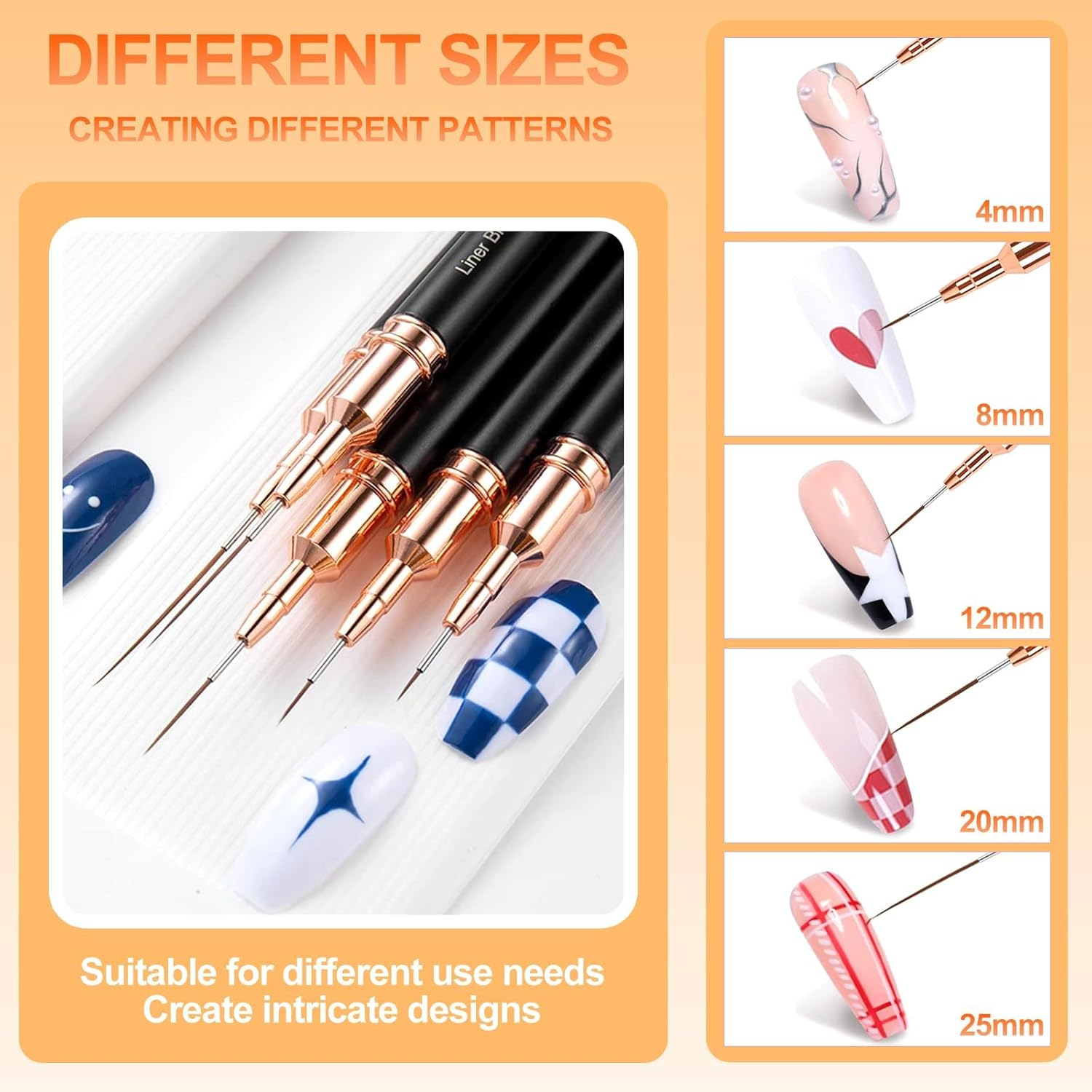 Sularpek 5 Pcs Nail Art Brushes, Nail Art Liner Brushes, Painting Design Brush Set, Detail Nail Drawing Tool for Long Lines, Thin Details, Fine Drawing Sizes 4/8/12/20/25Mm, Black image number 2