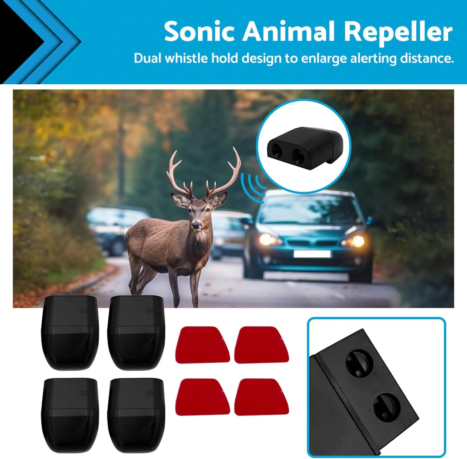 4PCS Animal Repellers Car Sonic Animal Repellers Shoo Whistle Roo Deer Kangaroo Rabbit 4WD Car Grille Animal Alert, Black image number 4
