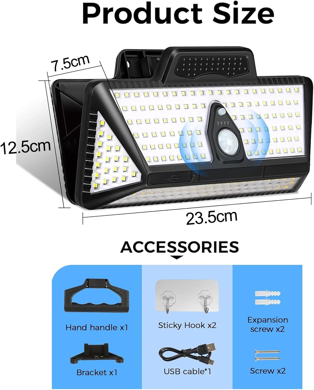 XIULIUU Clip on Solar Lights Outdoor, 208Leds Motion Sensor Outdoor Security Light, 1000LM Bright Solar & USB Powered Flood Light, IP65 Waterproof Wall Lights for Bakcyard Fence Garage Camping(1-Pcs) image number 5