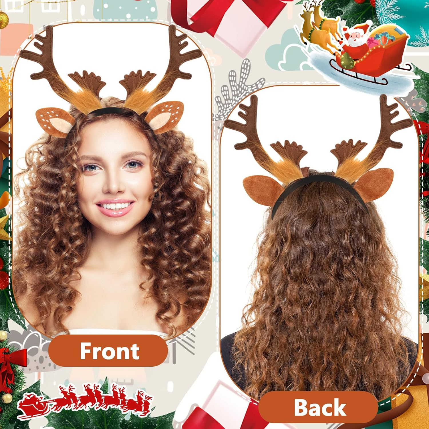 2 Pack Reindeer Headbands for Adults Kids,Christmas Headwear Reindeer Ears Headband Christmas Head Boppers,Hair Accessories for Christmas Supplies and Holiday Parties Favors