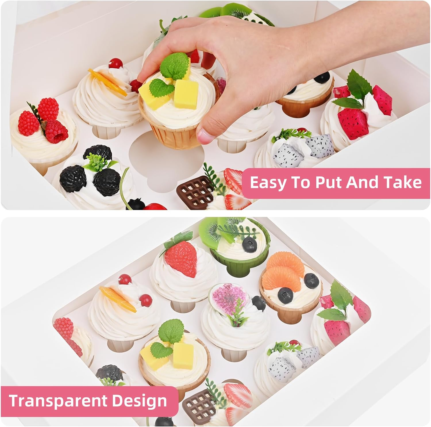 12PCS Cupcake Boxes, White Cupcake Containers 12 Count with Window, Cupcake Holder, Food Grade Treat Boxes for Holiday, Wedding, Birthday Party, Bakery Supplies image number 5