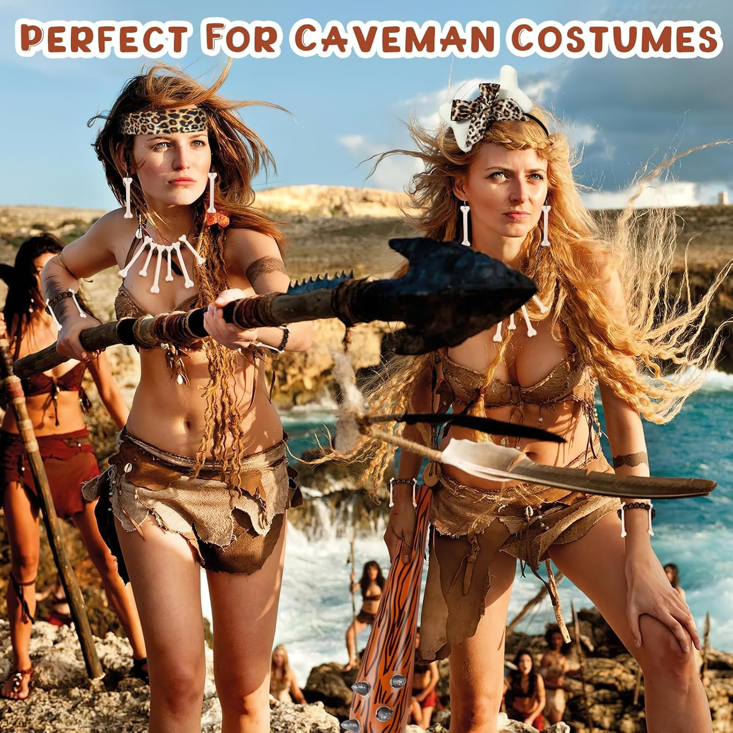 7 Caveman Costume Accessories - Adult & Kids Inflatable Club, Bone Headband, Necklace, Bracelet, Earrings, Leopard Armband - Caveman & Cavewoman Fancy Dress for Halloween & Carnival Party image number 1