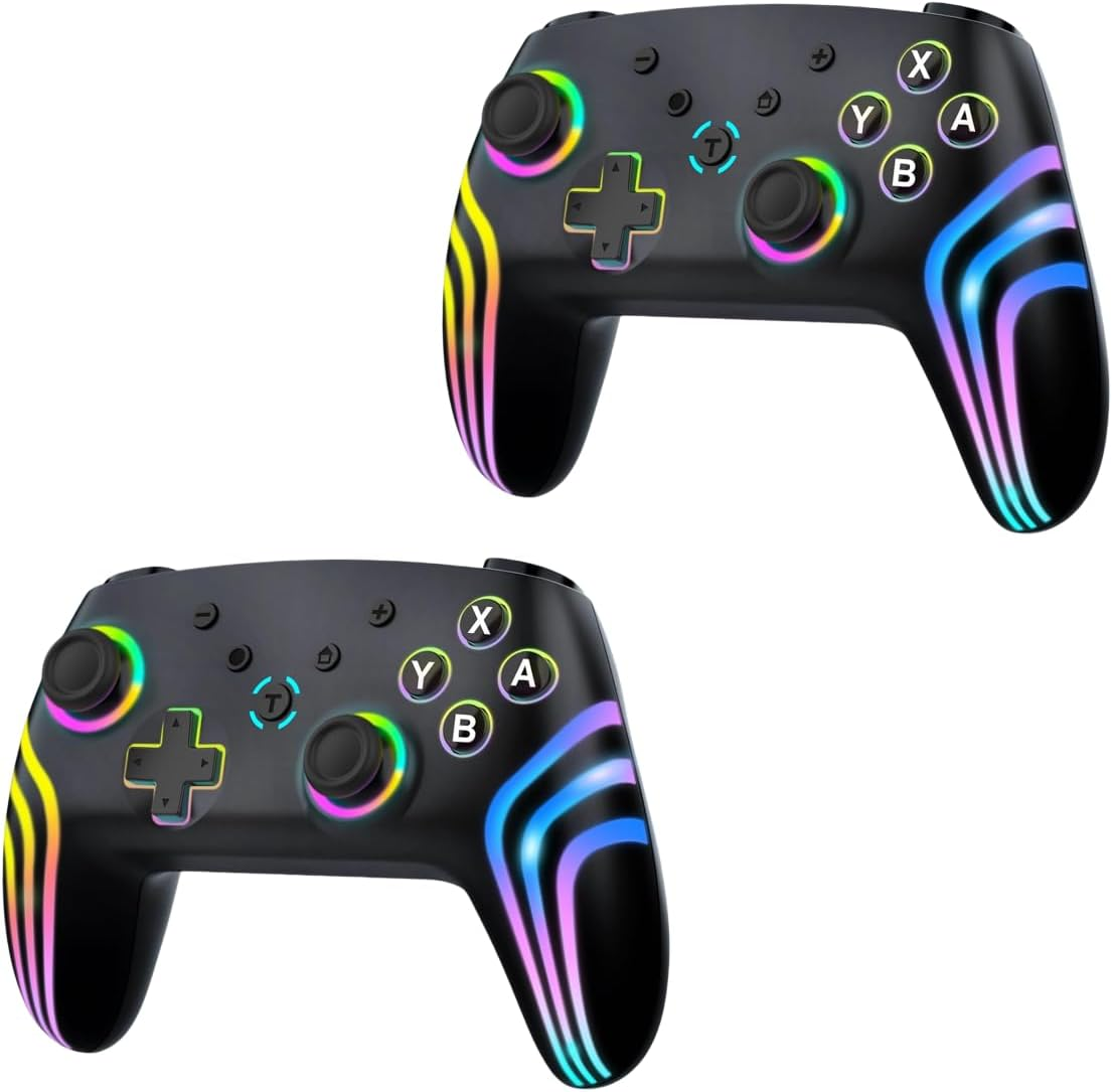 Wireless Pro Controller for Switch/Switch 2/Lite/Oled/Pc, Gamepad with 7 Color-Changing RGB Lighting/Dual Vibration/6-Axis Gyroscope/Turbo, Ergonomically Designed Precise Joystick