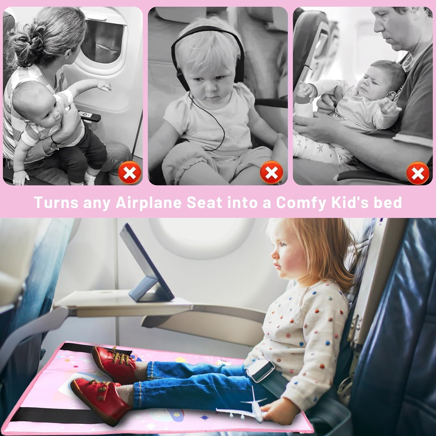 Airplane Travel Bed for Kids, Airplane Seat Extender Portable with Side Pocket, Airplane Travel Accessories for Kids, Foot Leg Rest Hammock Cot for Flights, Compact&Light (Pink) - Pink image number 5