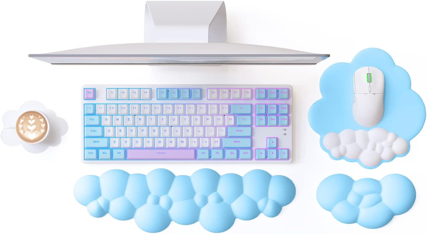 MANBASNAKE Cloud Mouse Pad Wrist Support Keyboard Wrist Rest Set with Ergonomic Memory Foam,Non-Slip Base,Cloud Coasters for Home,Office,Laptop,Desktop Computer,Easy Typing Pain Relief- White
