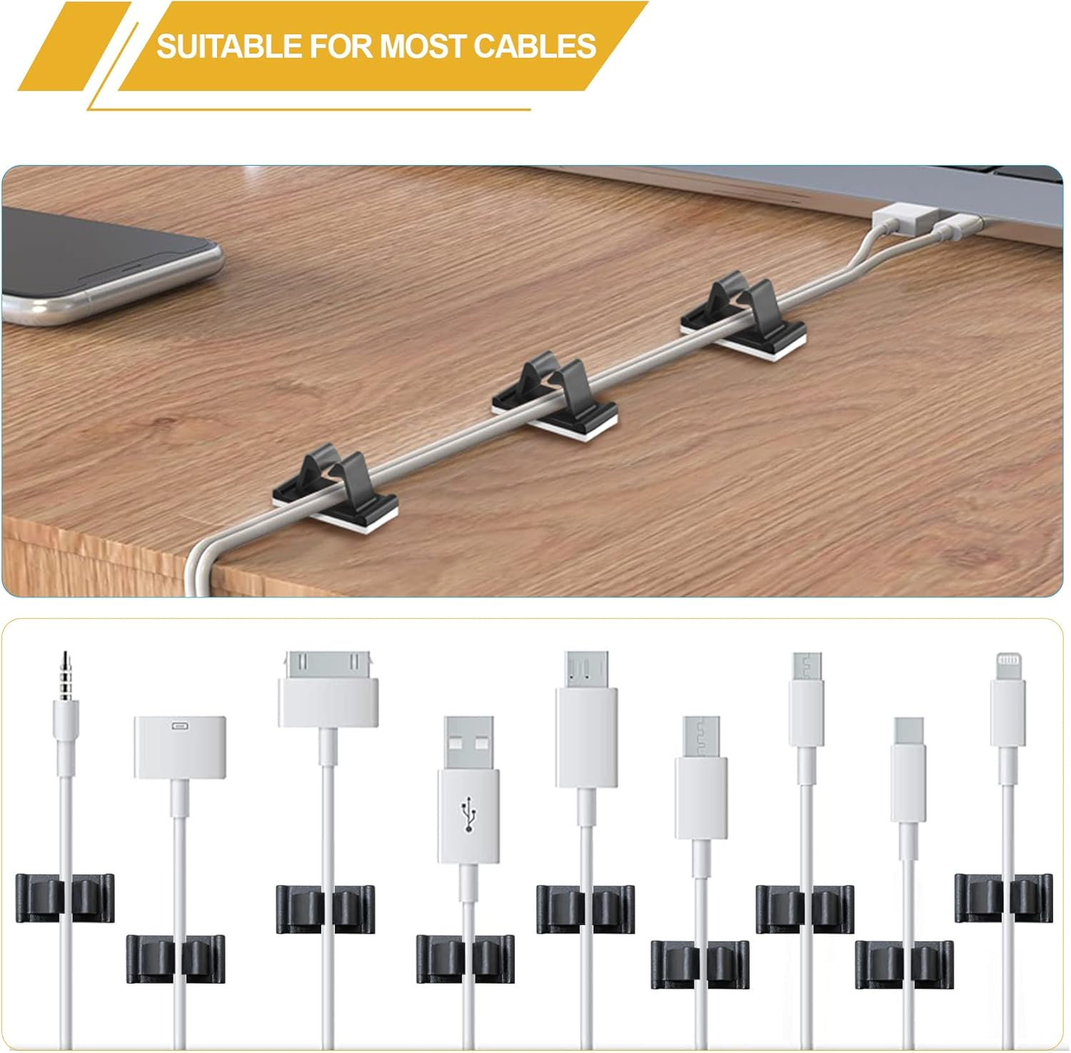 50 Packs Viaky Wire Clips Adhesive Cable Clips Cable Holder Wire Management, Worked Great for Fixing Your Various Wires, Network Cable, RV Wires, USB Cords, Car Cable, TV Coax Cable (W Size-Black) image number 6
