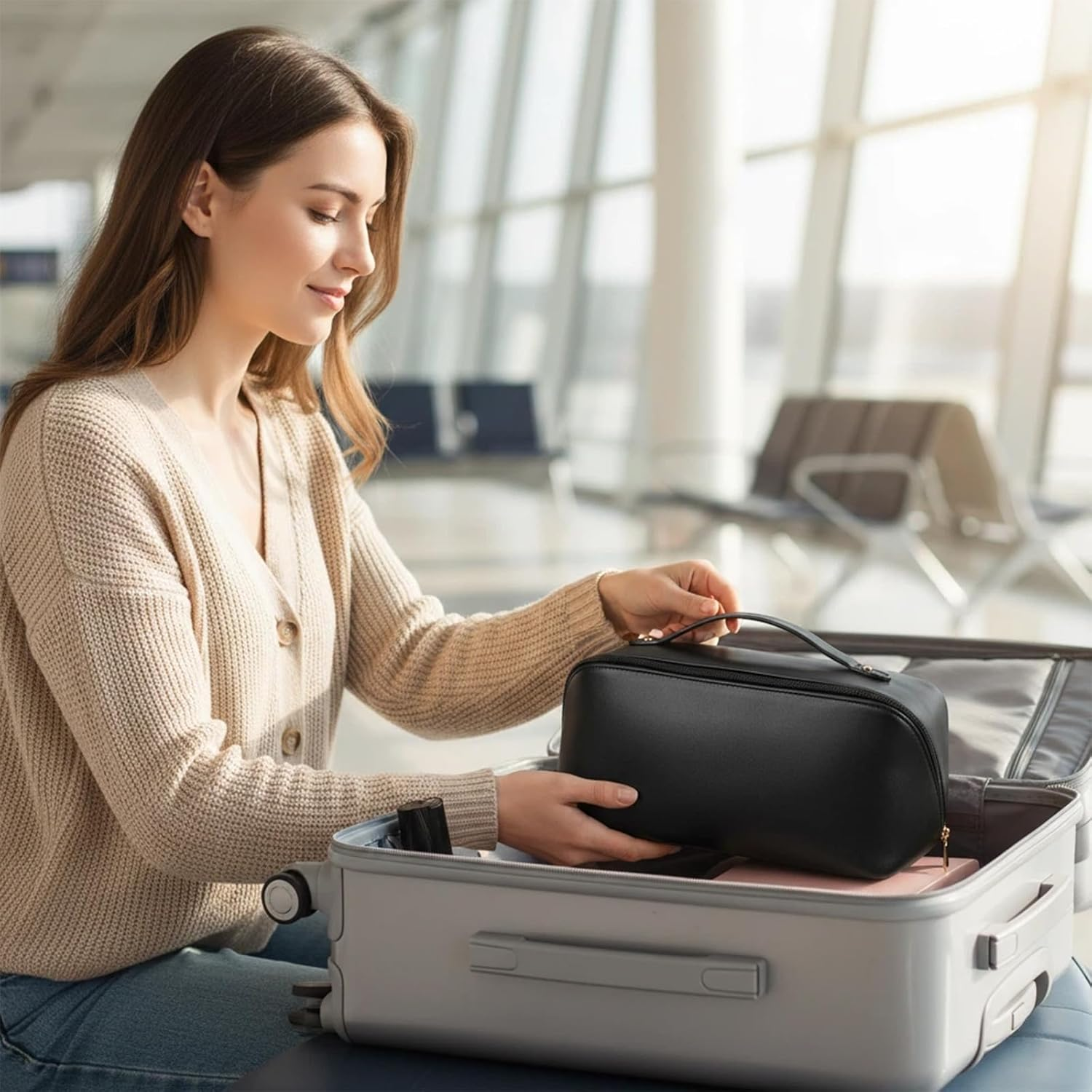 Makeup Bag,Large Capacity Make up Bag,Portable Travel Cosmetic Case for Women,Waterproof Toiletry Storage Organizer Pouch - Blue image number 3